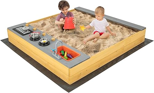 Miniatura 10 de HONEY JOY Caja de arena para niños, pozo de arena sin fondo de cedro para patio trasero, 4 banderas rojas y forro inferior, banco lateral y 2 cajas