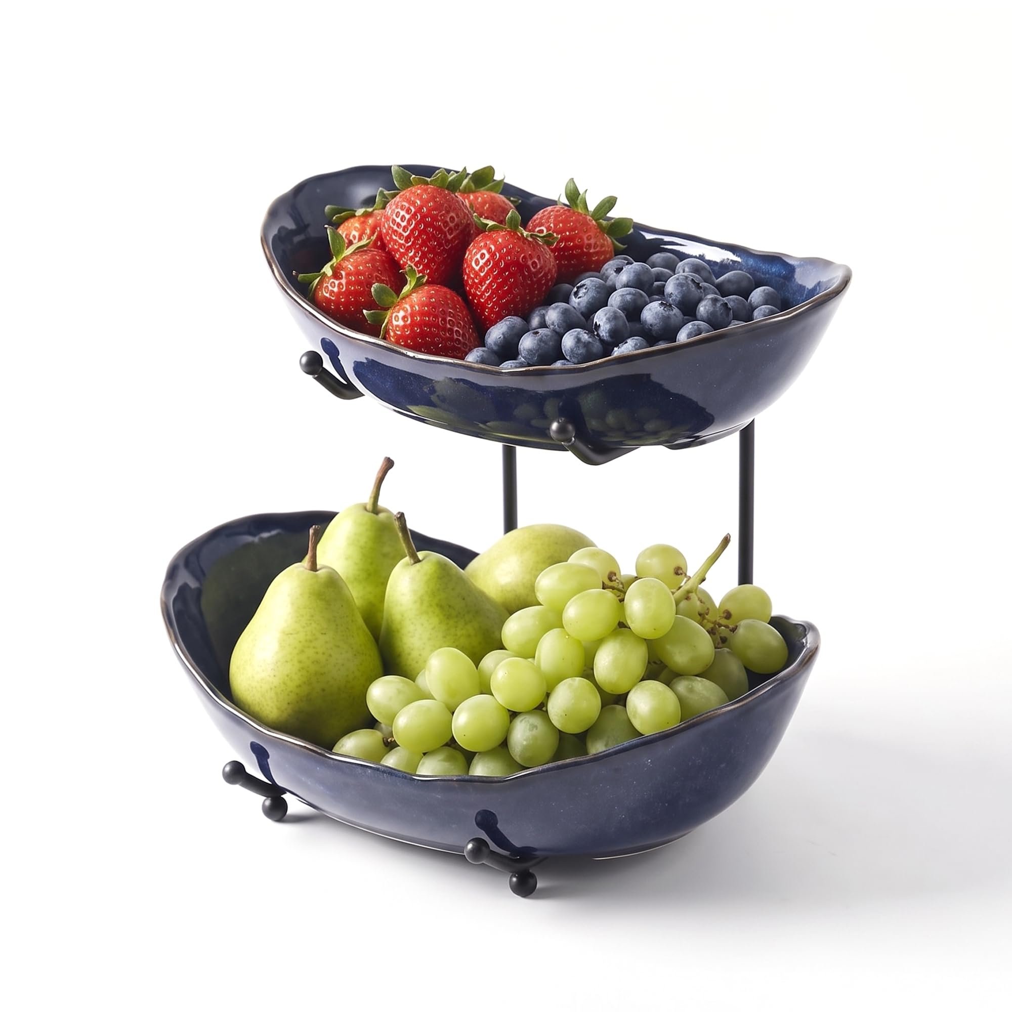AYES Fruit Bowl 2-Tier Large Ceramic with Metal Stand Blue 2-Layer