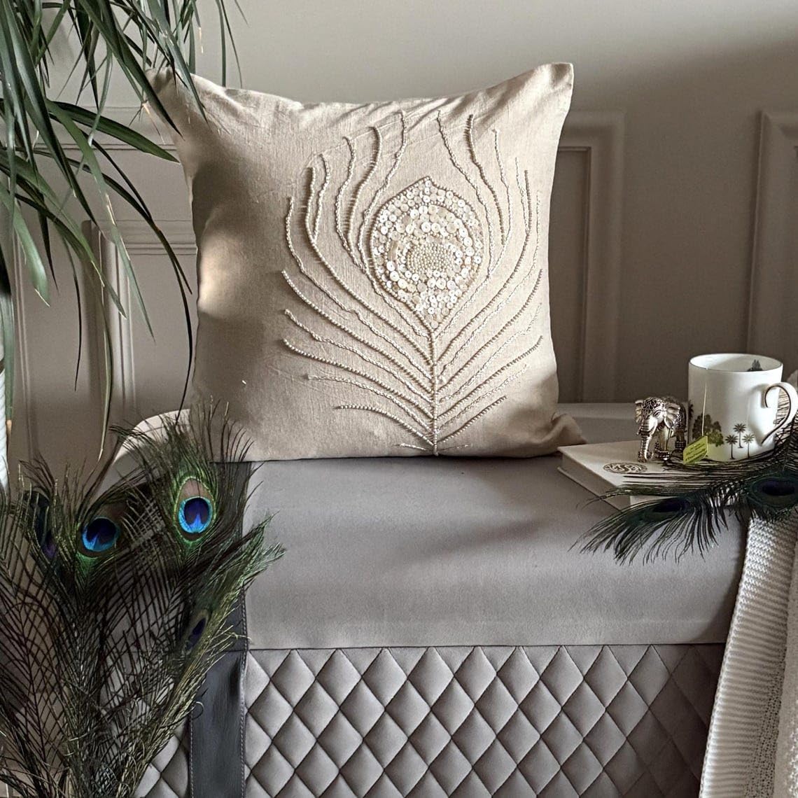 The HomeCentric Ecru Throw Pillow Cover, Contemporary Floral Pillow Cover, 12x12 inch (30x30 cm) Pillow Cover, Cotton Linen Square Cushion Cover, Peacock Feather Easter - Pearly Peacock Feather