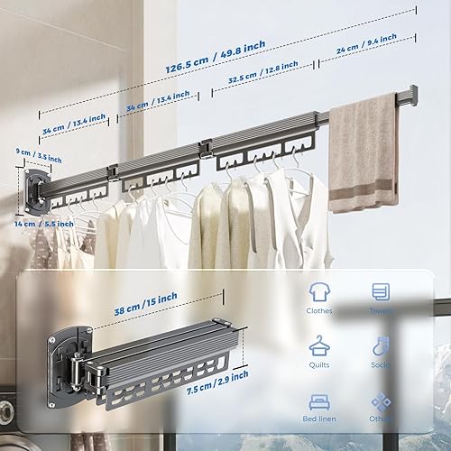 Miniatura 7 de Tendedero de secado de ropa montado en la pared, estante de secado expandible (doblado), ahorro de espacio para lavandería, portátil, ahorro de