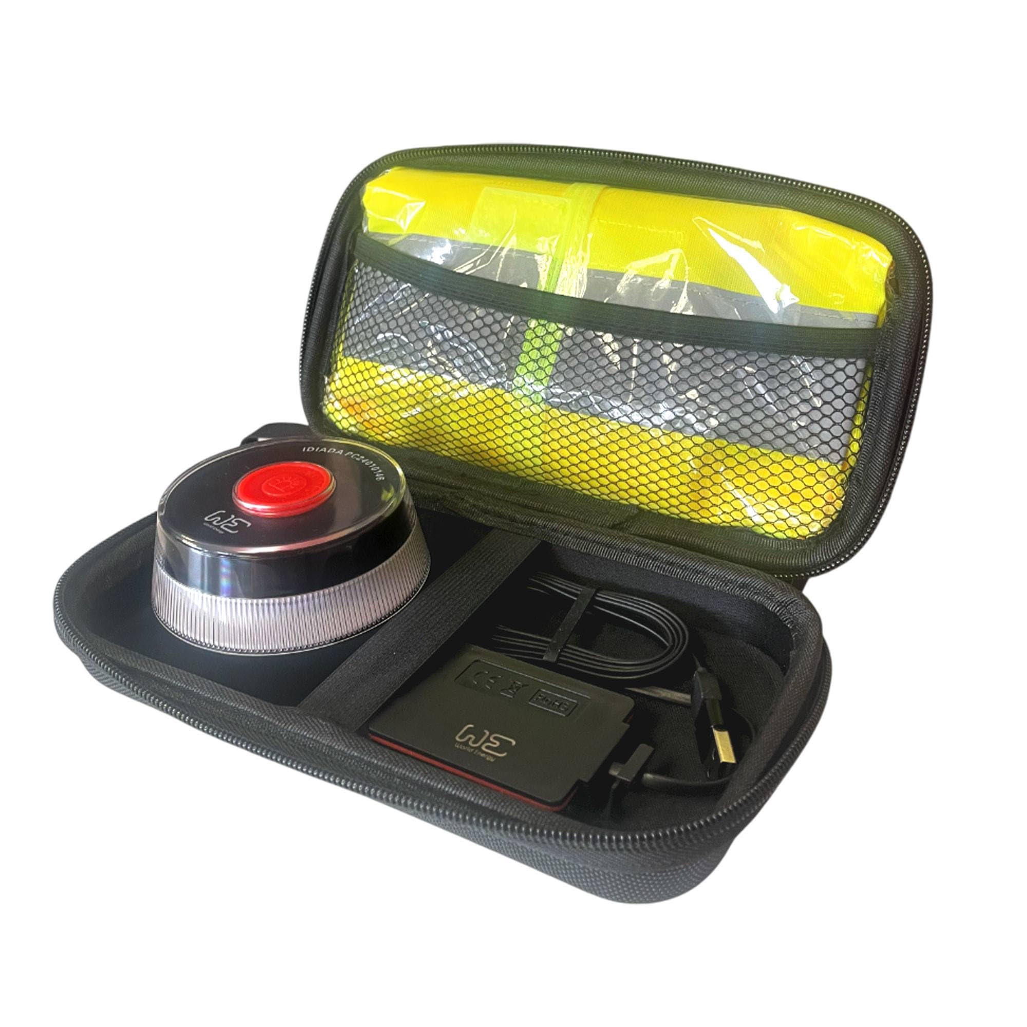 Safety Kit with Double Cover + Reflective Vest + Beacon Power Cable + WE Beacon Emergency Light V16 (Required)