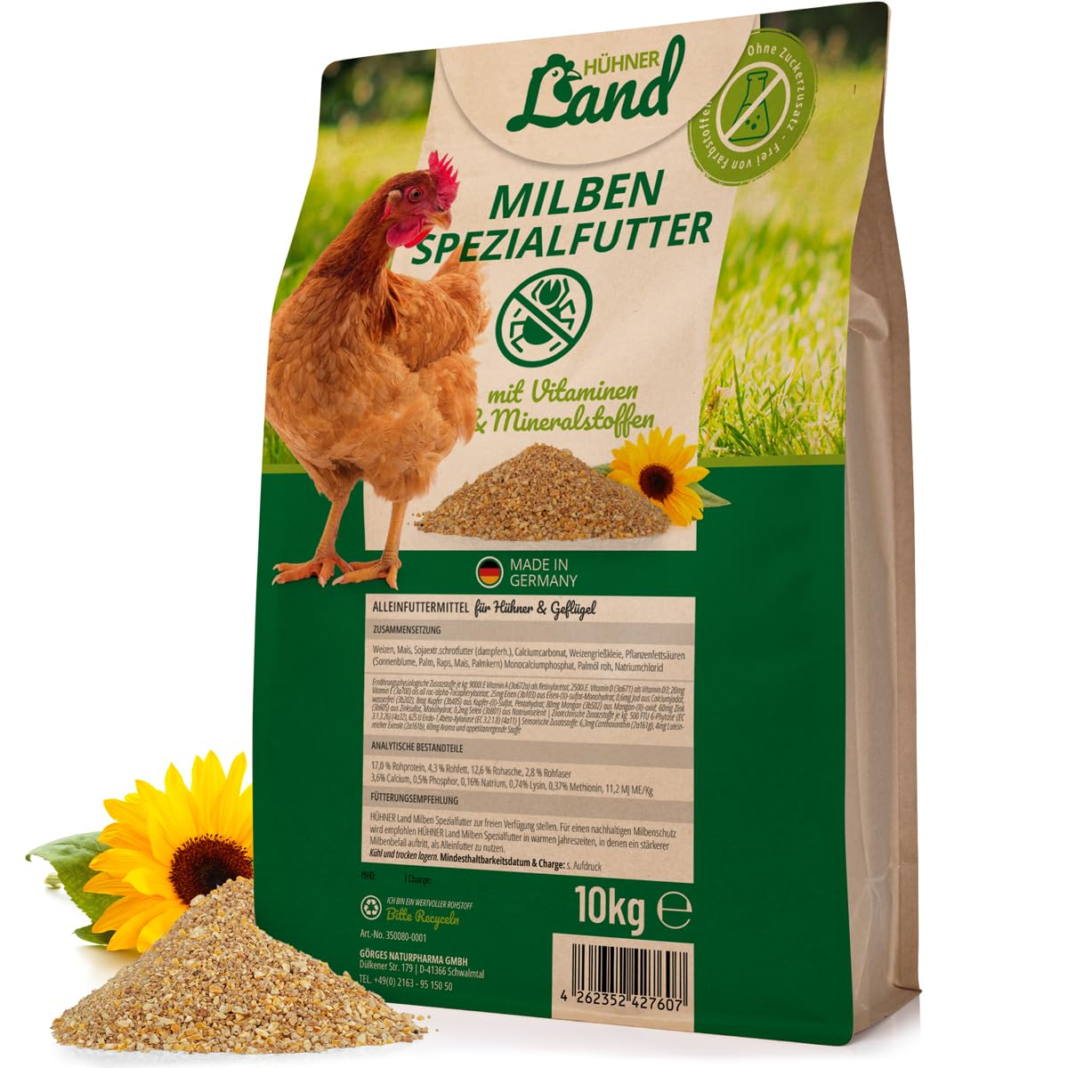 HÜHNER Land Milben-Spezial Hühnerfutter mit Vitaminen & Mineralstoffen 10kg - Ohne Farbstoffe & Zuckerzusätze, Premium Körner- und Saatmischung, Abwechslung Hühner Alleinfutter
