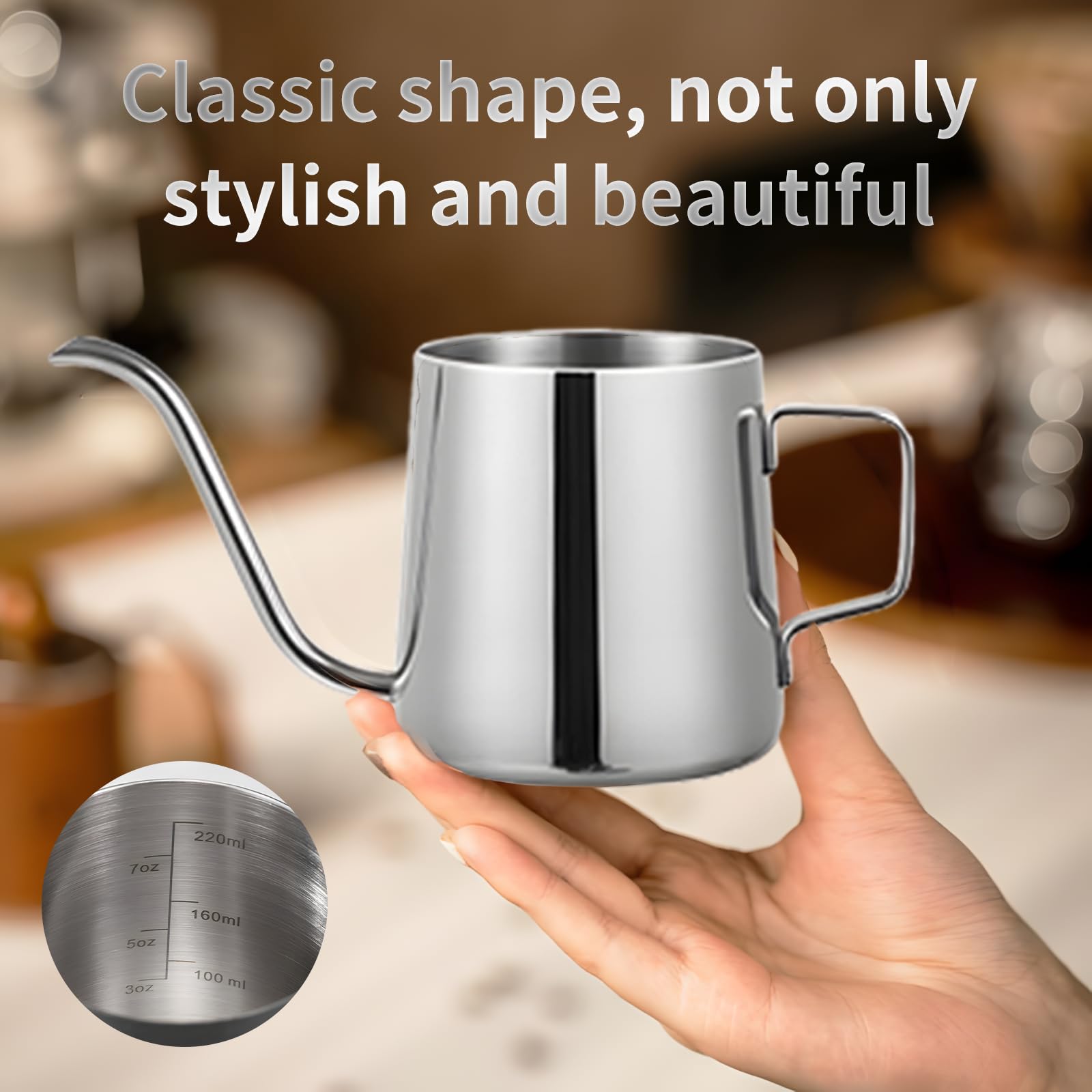 Hervidor de Café con Cuello de Cisne de Acero Inoxidable, Cafetera de Cuello de Cisne Larga - 350ml, Taza de Café para Espumar con Marca de Medición para Cocina, Doméstica, Cafetería