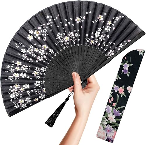 OMyTea Abanico de mano plegable para mujer – Abanico de seda de bambú plegable chino japonés vintage – para sofocos, iglesia, decoración, EDM,