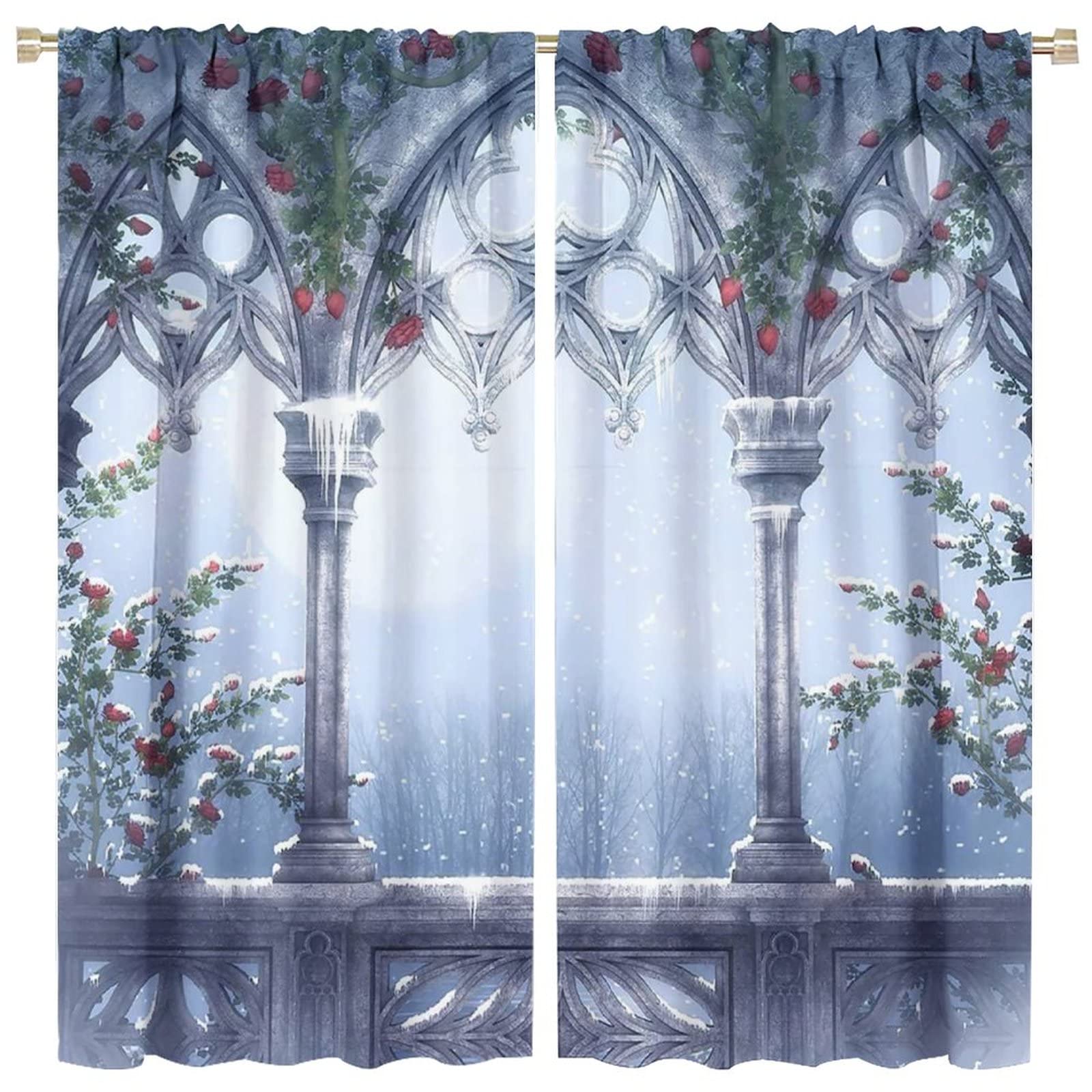 Denruny Fantasy Castle Curtains,Medieval Gothic Winter Forest Castle Red Rose Curtains,Living Room Curtains,Set of 2 Panels 63x63in