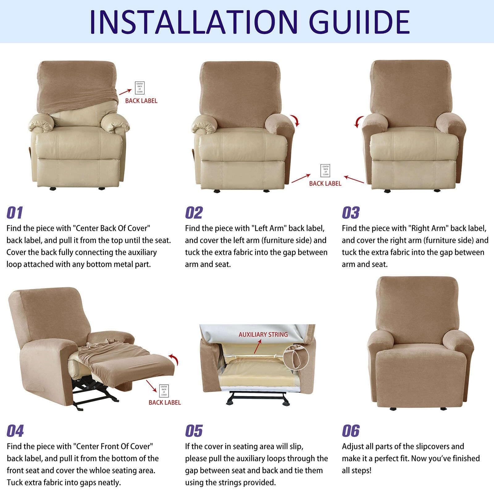 Housse de Fauteuil inclinable en Velours Extensible, 4 pièces, Housse de Protection Souple et antidérapante avec Poche latérale, for Salon, Couleur foncée(Wine Red)