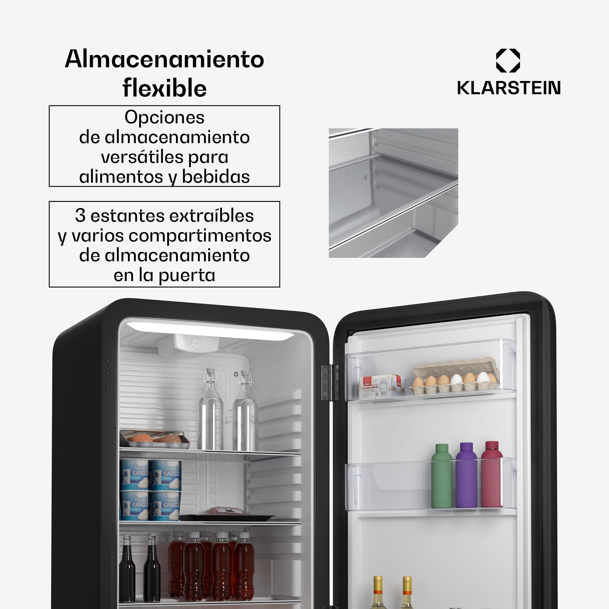 KLARSTEIN Audrey Evo 90L Mininevera Retro - Silenciosa 40 dB, Termostato Ajustable, Puerta Reversible, Nevera Pequeña para Habitaciones, Oficinas, Negro