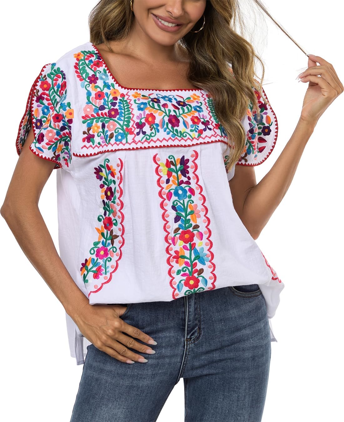 Mexican Shirts for Women Embroidered Tops Traditional Peasant Summer Tunic Blouse - Image 3