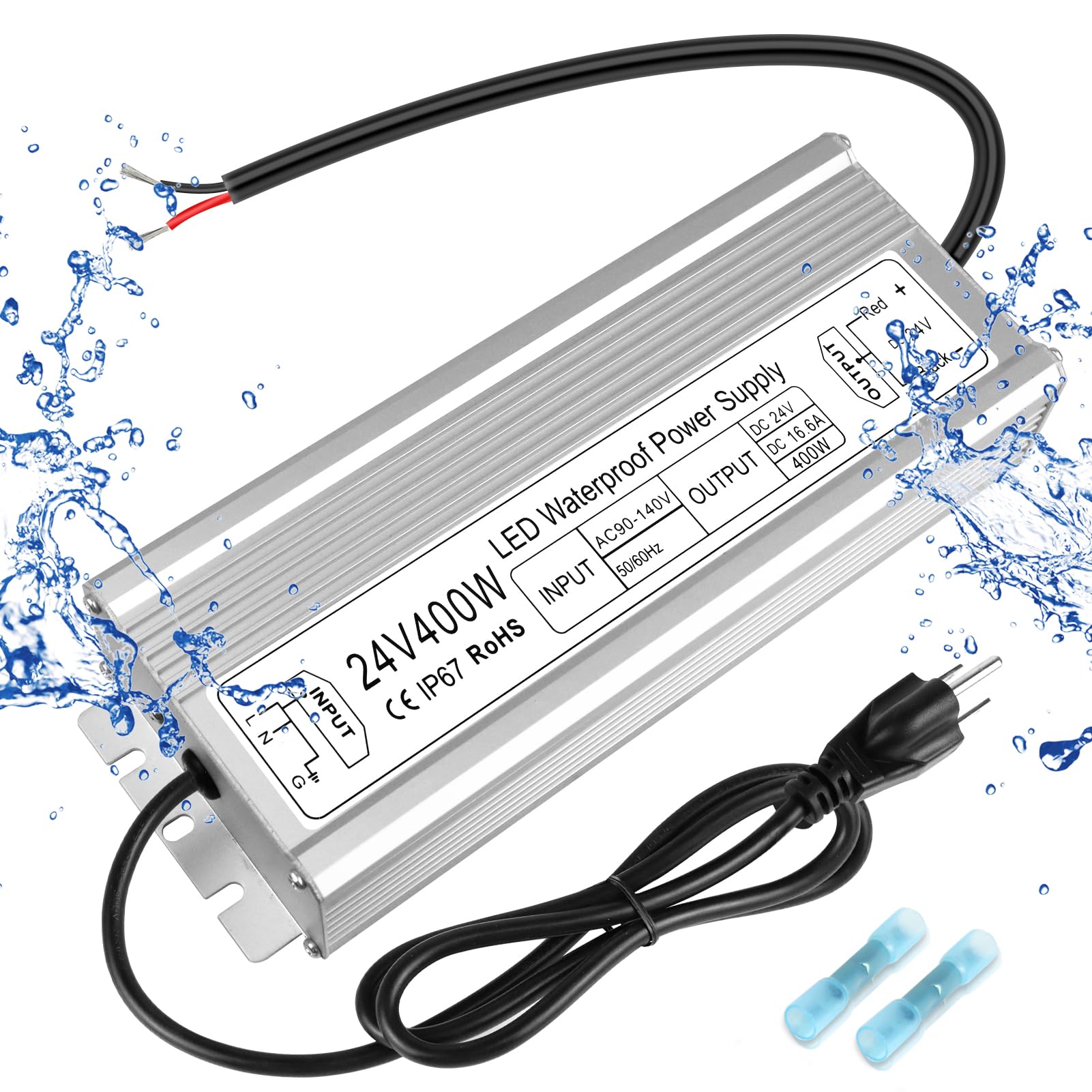 Photo 1 of LED Driver 400W 24V Power Supply, IP67 Waterproof Low Voltage Transformer, AC 90-140V to DC 24V 16.6A Converter for Outdoor Landscape Lighting, LED Strip Lights, 3-Prong Plug with 3.3FT Cable