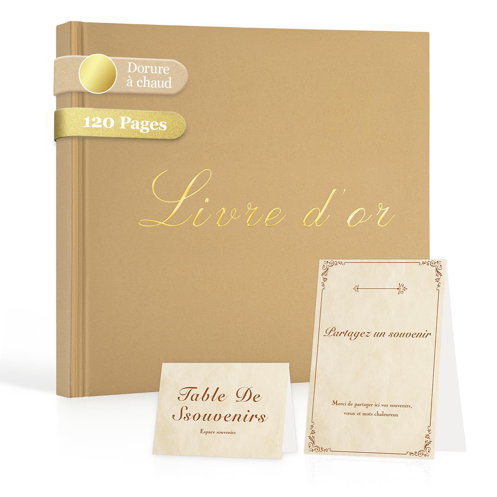 Livre d’or Kraft 20×20 cm Dorure Vintage Papier Épais Anti-Transfert Reliure Rigide Avec Chevalet et Cartes