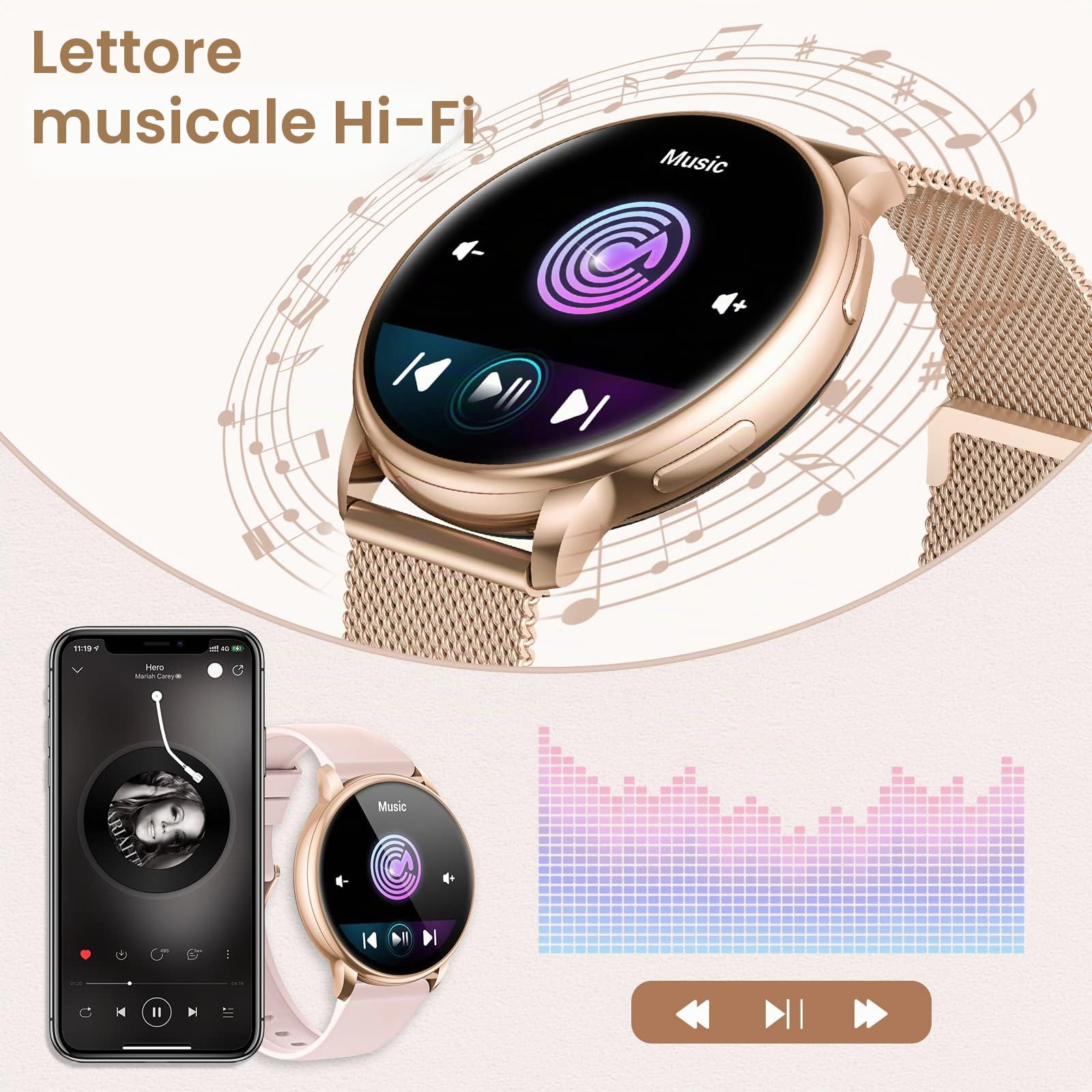 RUXINGX Smartwatch Donna Chiamate e Risposta Bluetooth, 1.32'' HD Fisiologia Femminile SpO2 Cardiofrequenzimetro Sonno Contapassi, 19 Modalità Sport Notifiche Messaggi Android iOS Oro Rosa