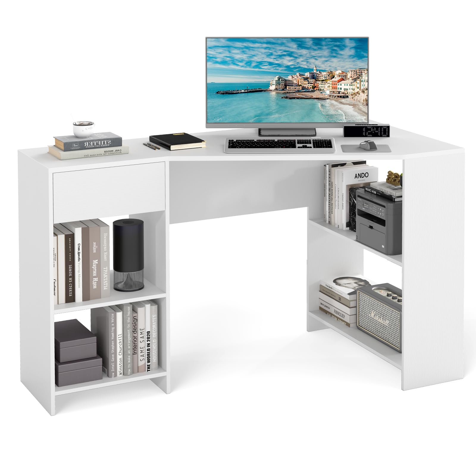 COSTWAY Escritorio Esquinero 120 x 60cm, Escritorio con Cajón y Estantes de Almacenaje, Escritorio de L Blanco