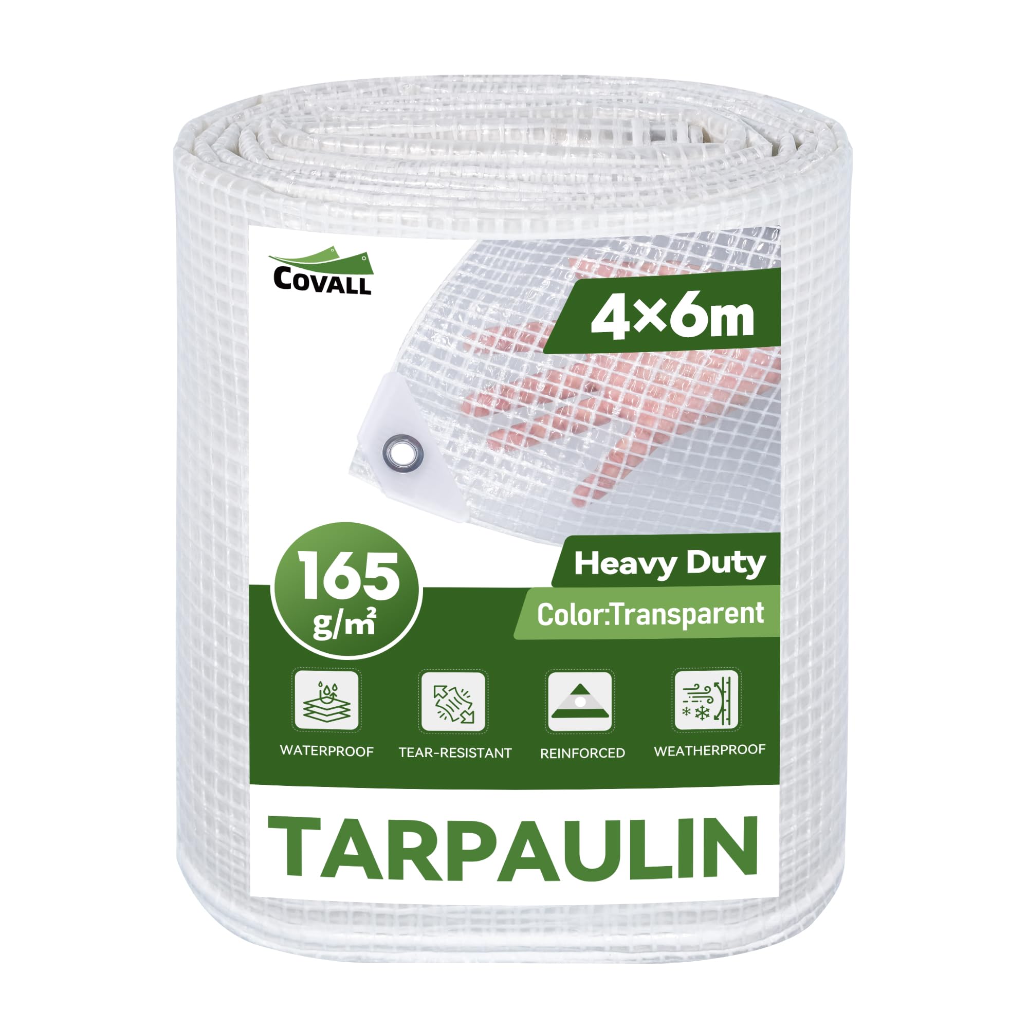 COVALL 4m x 6m Clear Tarpaulin Waterproof Heavy Duty, 165GSM Reinforced Transparent Tarp with Mesh Support Rubber Strengthened Corners - Tear-resistant Cover for Outdoor Garden Greenhouse Groundsheet — image 1