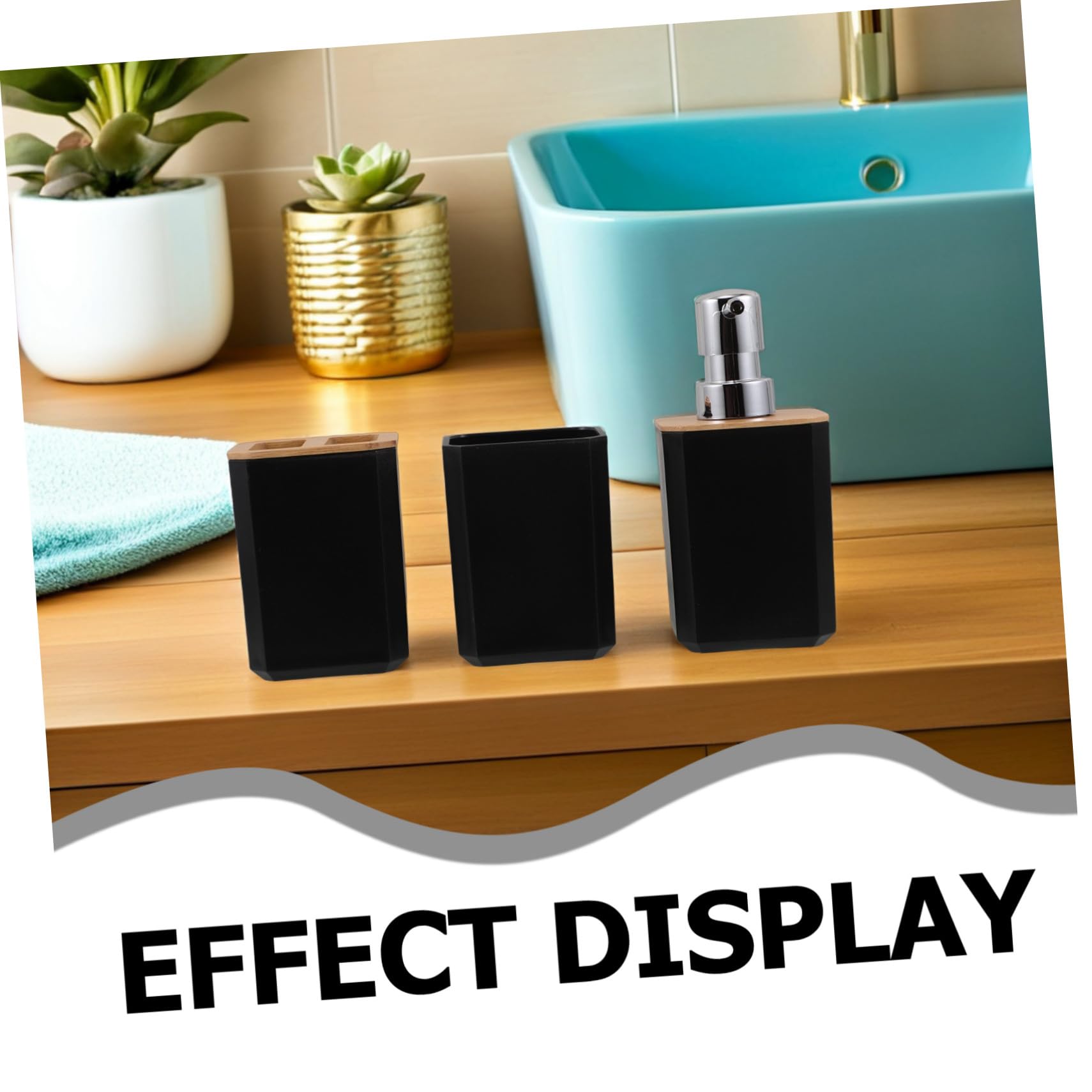 Garneck Accessori da Bagno in Bambù e Plastica Set Completo Portaspazzolino Dispenser di Sapone e Bicchiere per Lavaggio per Uso Domestico o Alberghiero
