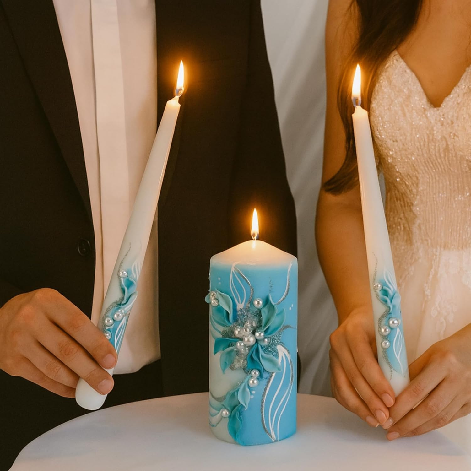 Unity Candle Set - Wedding Ceremony & Reception – 6” Pillar & Two 10” Taper Candles – Long Burning Unity Candles for Marriage Ritual – Handmade in USA – White |Turquoise