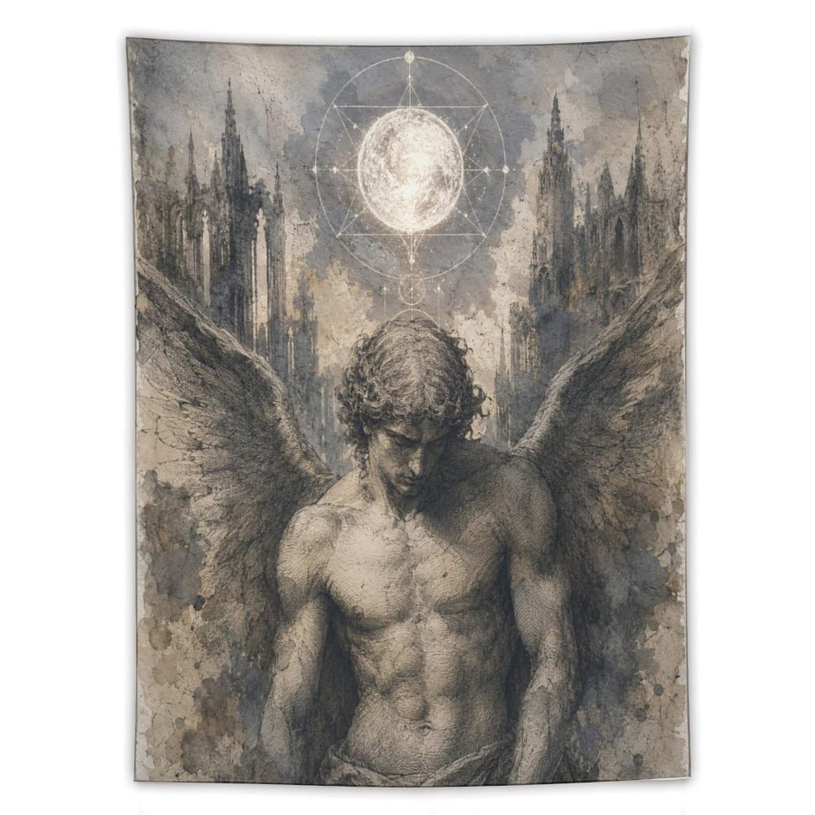 W7C8U2X3 Dark Angel Lucifer Wall Tapestry, Fantasy Illustration, Bed