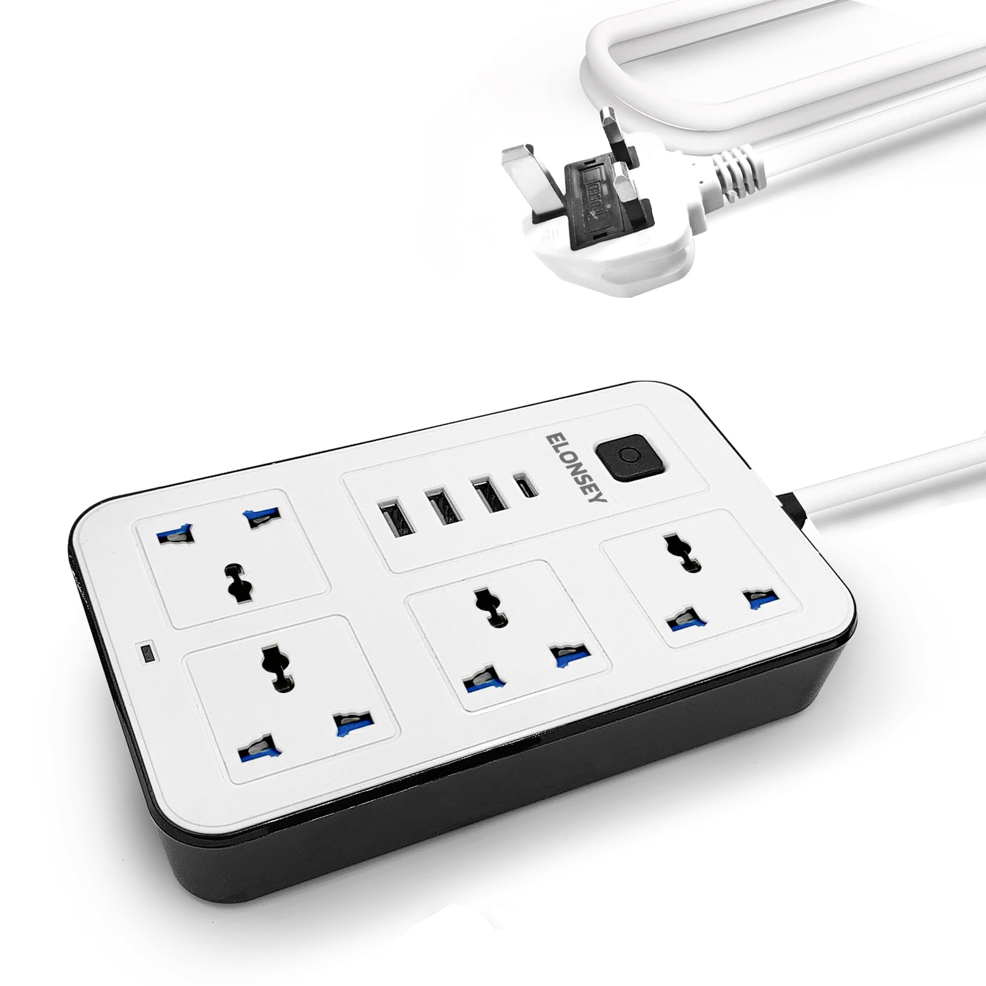 ELONSEY Universal Power Extension Cord with USB C, 4 Way Power Strip with USB Type C PD Outlet, Extension Lead 3 Meter - White