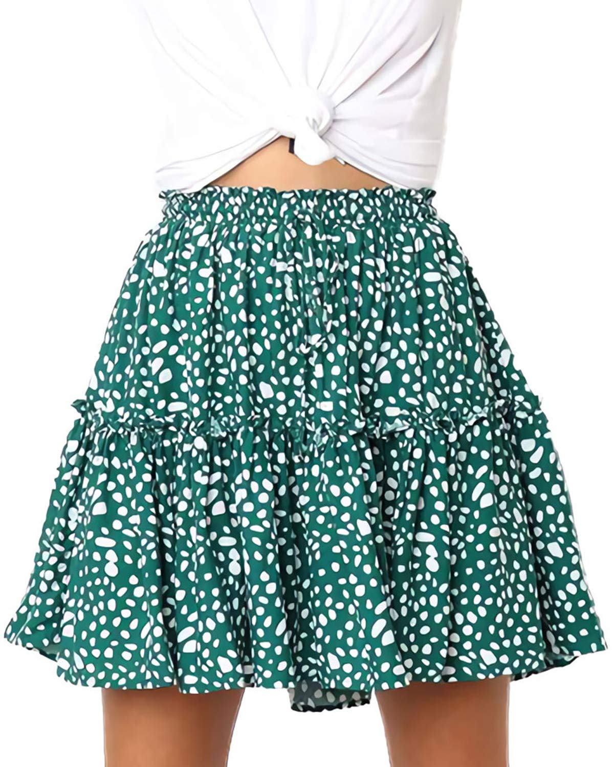 Alelly Women's Summer High Waist Ruffle Floral Mini Skirt - Red Dot, Small, 100% Cotton