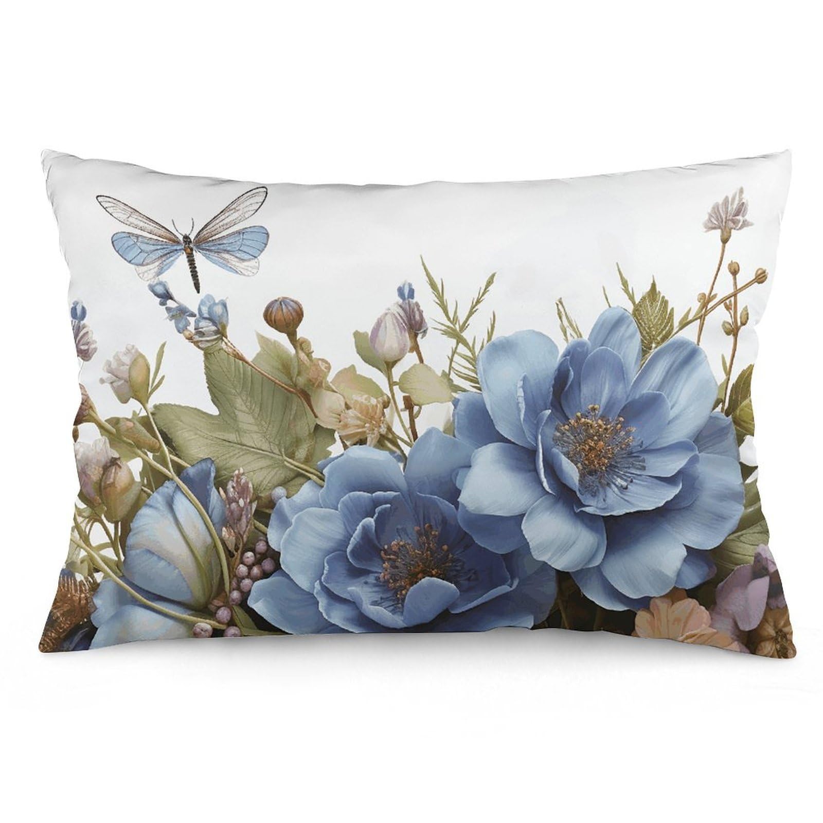 NONHAI 2 Pack Pillow Cases for Hair and Skin, Soft Breathable Pillow Case Covers with Hidden Zipper, Blue Flowers and Dragonfly Pillowcase 12 "x20 Pillow Covers for Sleeping Gift