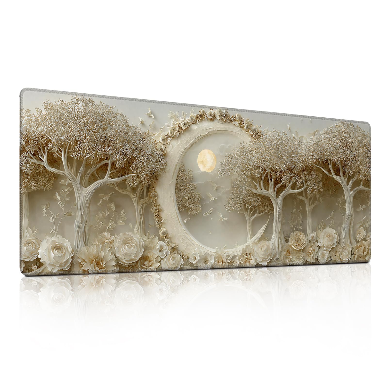 Full Moon Forest Mouse Pad, Luxury Beige Flower Frame Relief Desk Mat - Large Non-Slip Office PC Laptop Desk Pad - 31.5"x11.8" x 3mm