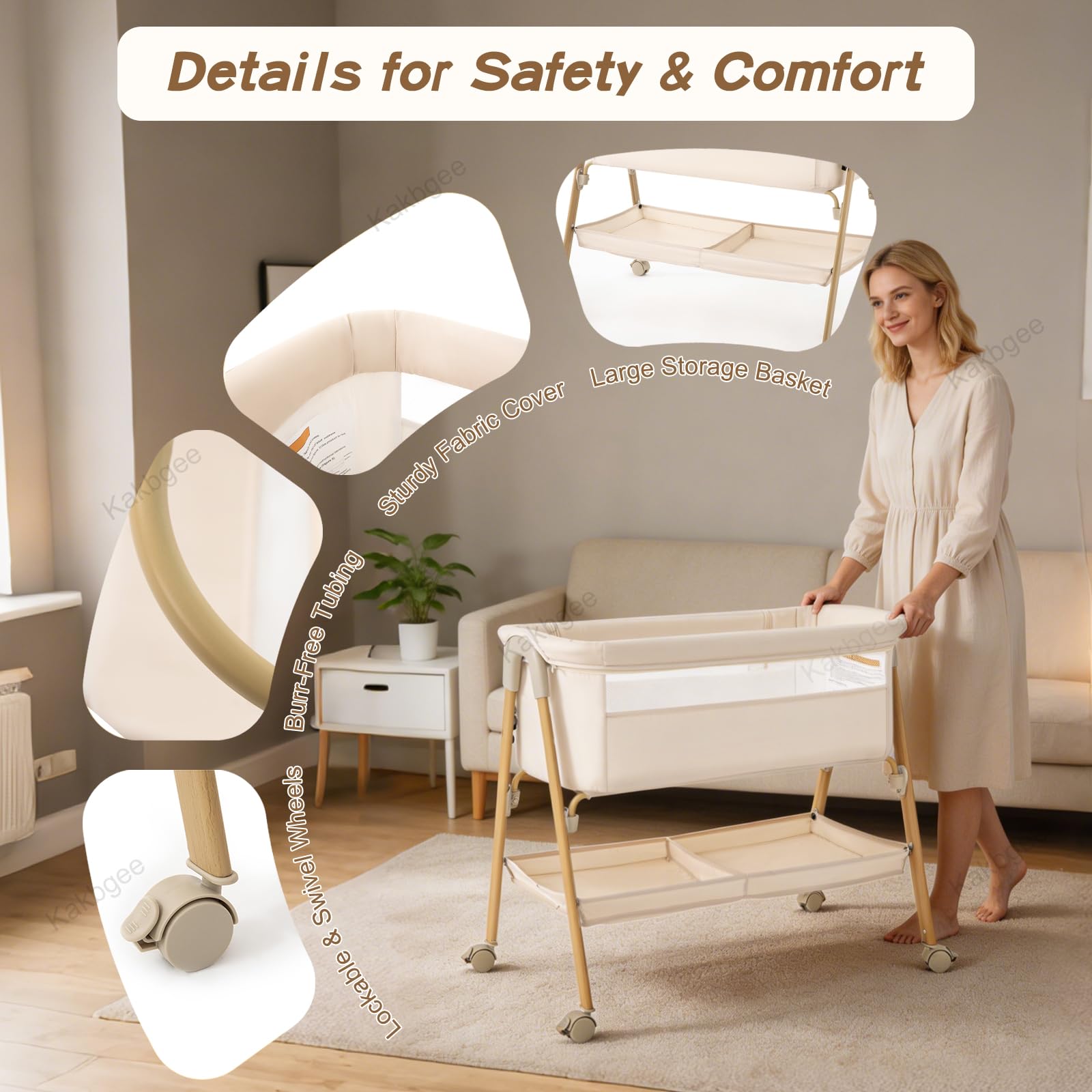 Cuna Colecho, Minicuna Plegable, Moisés con Colchón Lavable, Mosquitera, Bolsa – Cuna De Viaje para Recién Nacidos 0-6 Meses, hasta 9 Kg, Imitación Madera, Caqui