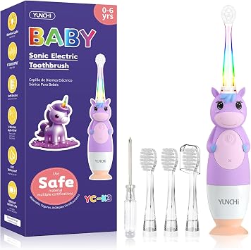 YUNCHI Toddler Electric Toothbrush Kids 0-3-6 Years, Baby Electric Toothbrush with Colorful LED Light, Battery Powered Toddler Toothbrush with 2 Minutes Timer 4 Brush Heads, Infant Toothbrush Purple