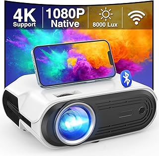 Native 1080P WiFi Bluetooth Projector with 200'' Display, 8000Lux Full HD 4K Support Movie Video Projector Compatible w/iOS Android Smartphone Tablet, HDMI/VGA/USB/TV Stick, Auto Sleep Timer