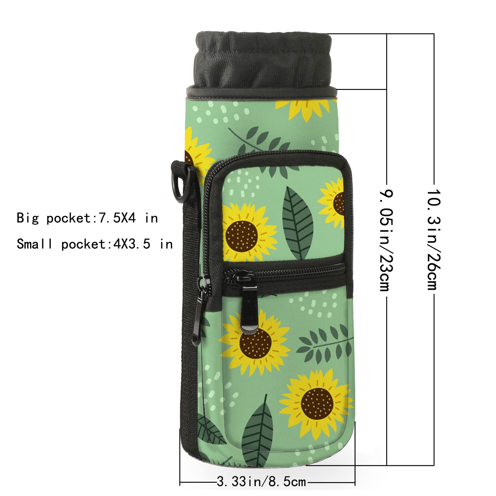 AMARY Water Bottle Carrier Holder Bag 25oz/40oz, Adjustable Shoulder & Hand Strap and Pocket,Sports Water Bottle Accessories for Walking Camping Travel work (Sun Flowers, 25 OZ)