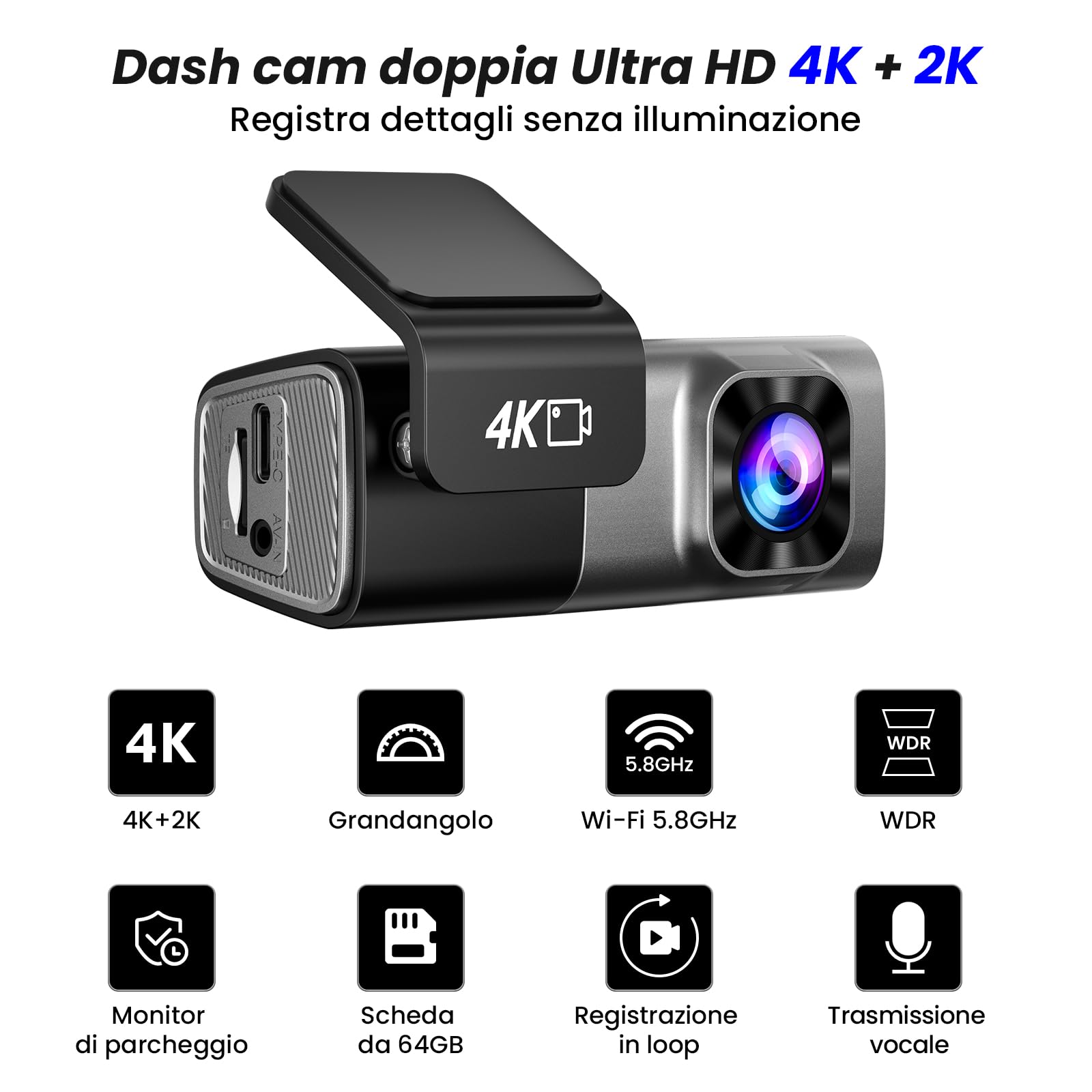 Dash Cam Auto 4K Anteriore e 2K Posteriore, WiFi 5GHz con App, G-Sensor, Registrazione in Loop, Modalità Parcheggio 24H, SD 64G