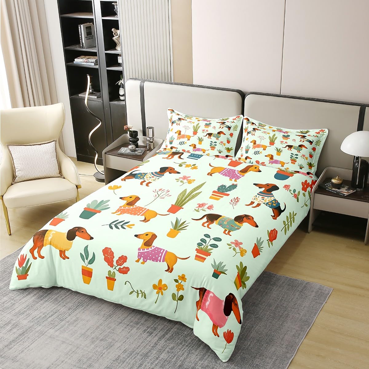 100% Baumwolle Dachshund Bettbezug 135x200,Grüne Wurst Hund Tröster Abdeckung, Lebendige Blumen Blumen Bettwäsche Set, Cartoon Welpe Haustier Bettbezug für Schlafzimmer Dekor, Weiche Atmungsaktive