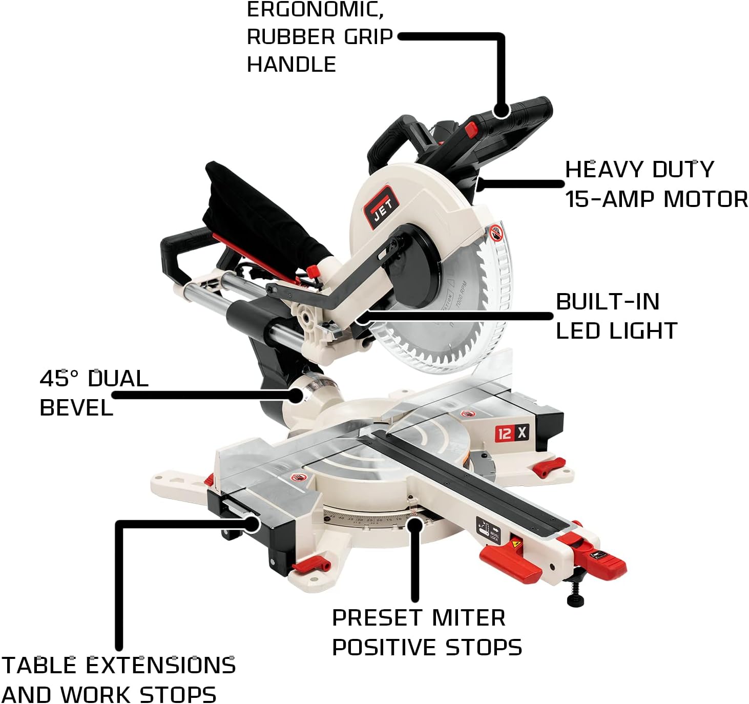 JET JMS-12X, 12-Inch Dual-Bevel Compound Miter Saw, 1Ph 115V (707212)