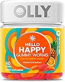 OLLY Hello Happy Gummy Worms, Mood Balance Support, Vitamin D, Saffron, Adult Chewable Supplement, Tropical Zing - 60 Count 1 Count (Pack of 60)