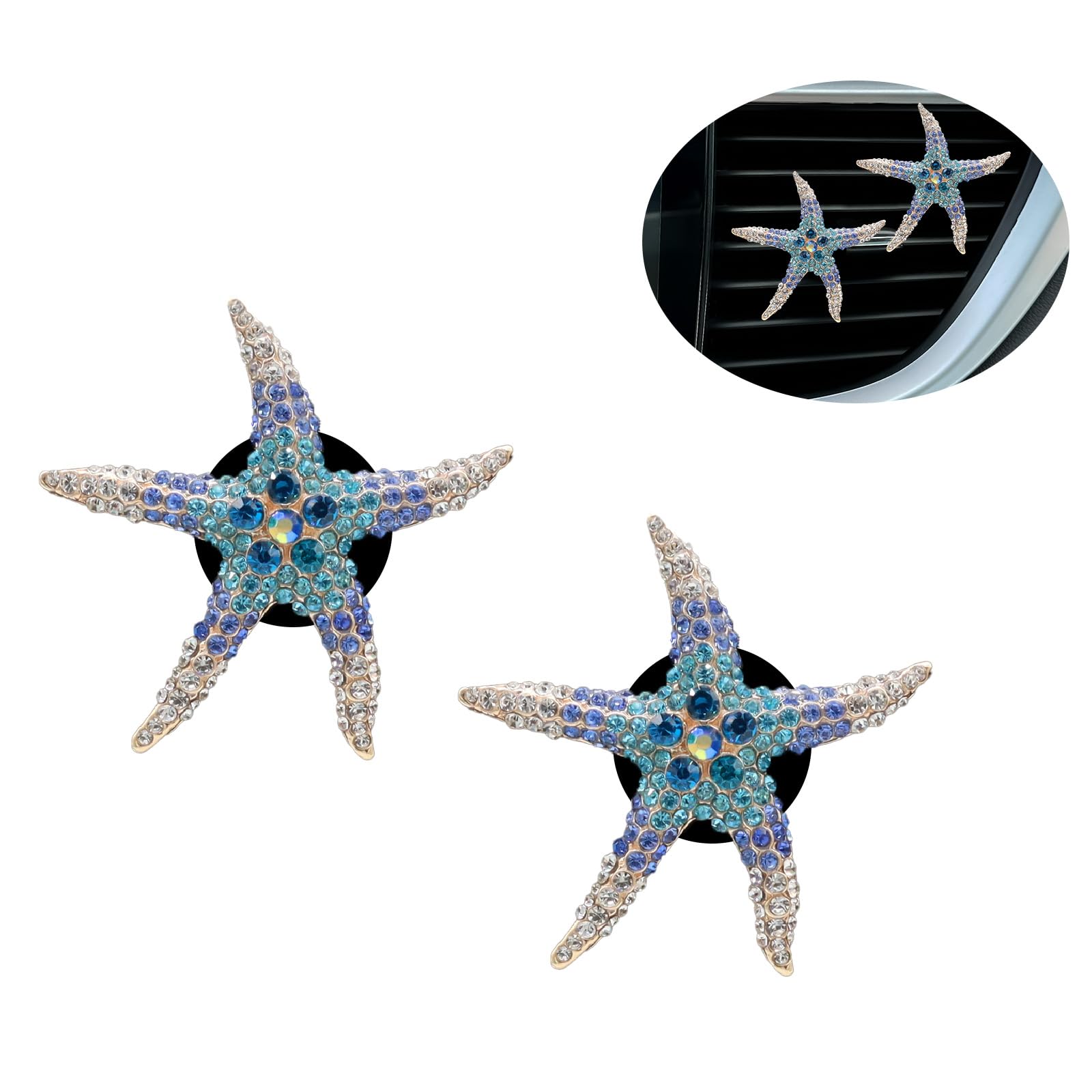ORIESSE Beach Car Decor,Cute Coastal Car Vent Clips,Starfish Car Air Freshener,2pcs Ocean Themed Dashboard Accessories for Women Teens,Refillable Blue