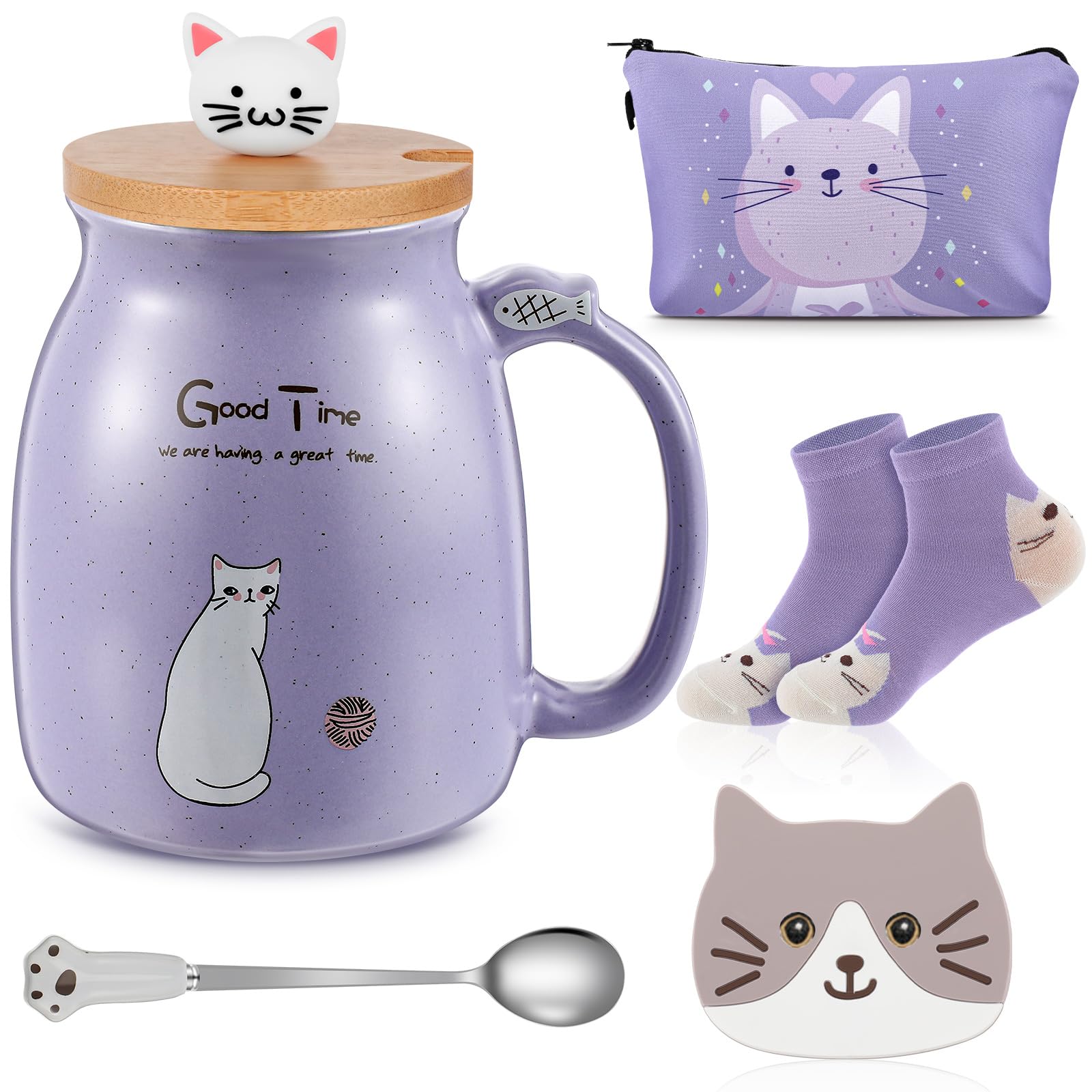 Uiifan 5 Pcs Cat Lover Gifts for Women Cat Gift for Mothers Day & Birthday - Ceramic Tea Cup with Lovely Kitty Lid, Kawaii Paw Spoon, Coaster, Socks &