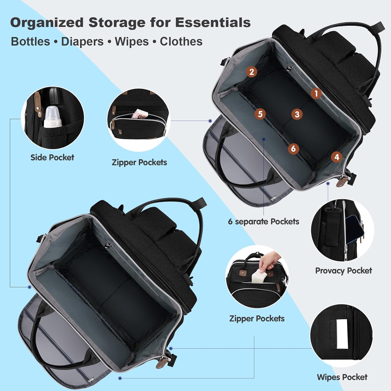 DERJUNSTAR Diaper Bag Backpack, Large Baby Bag with Changing Pad, Thick Padded Back & Straps, Laptop Compartment, Waterproof Travel Backpack with USB Port, Multi-Function for Mom & Dad, Black - Image 2