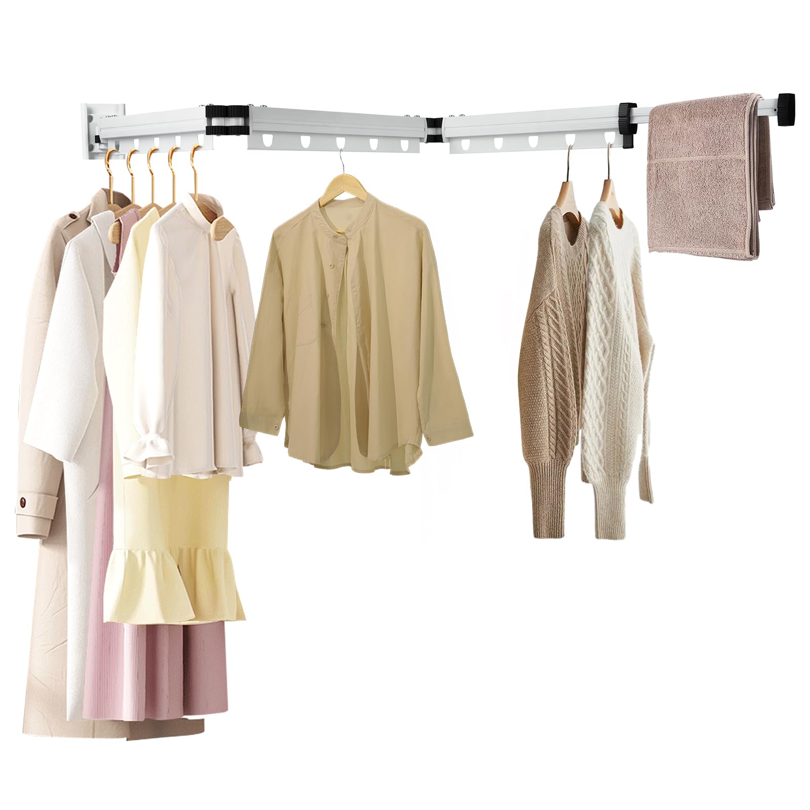 Longzhuo Séchoir à Linge Mural Pliable en 3 Parties, 125cm Étendoir à Linge Retractable Interieur, Tringle à Vêtements Extensible Peu pour Balcon, Buanderie, Salle de Bain, Caravane Extérieure(Blanc)