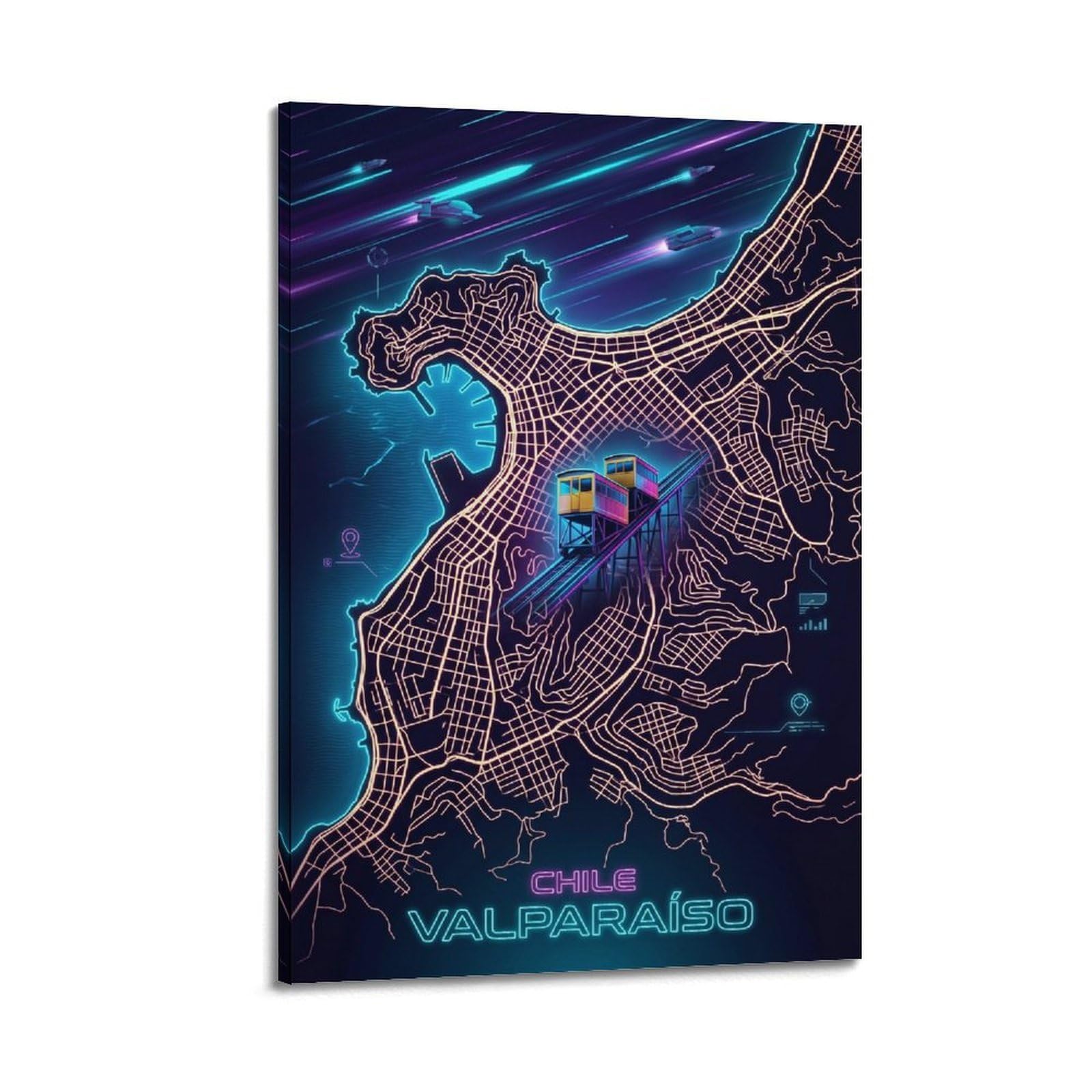 XKUGA Valparaiso Chile City Map Poster Neon Skyline Art Modern Decorative Canvas Prints - Ideal Wall Art for Family, Man Cave, Game Room, Boys & Girls Bedroom 12x18inch(30x45cm)