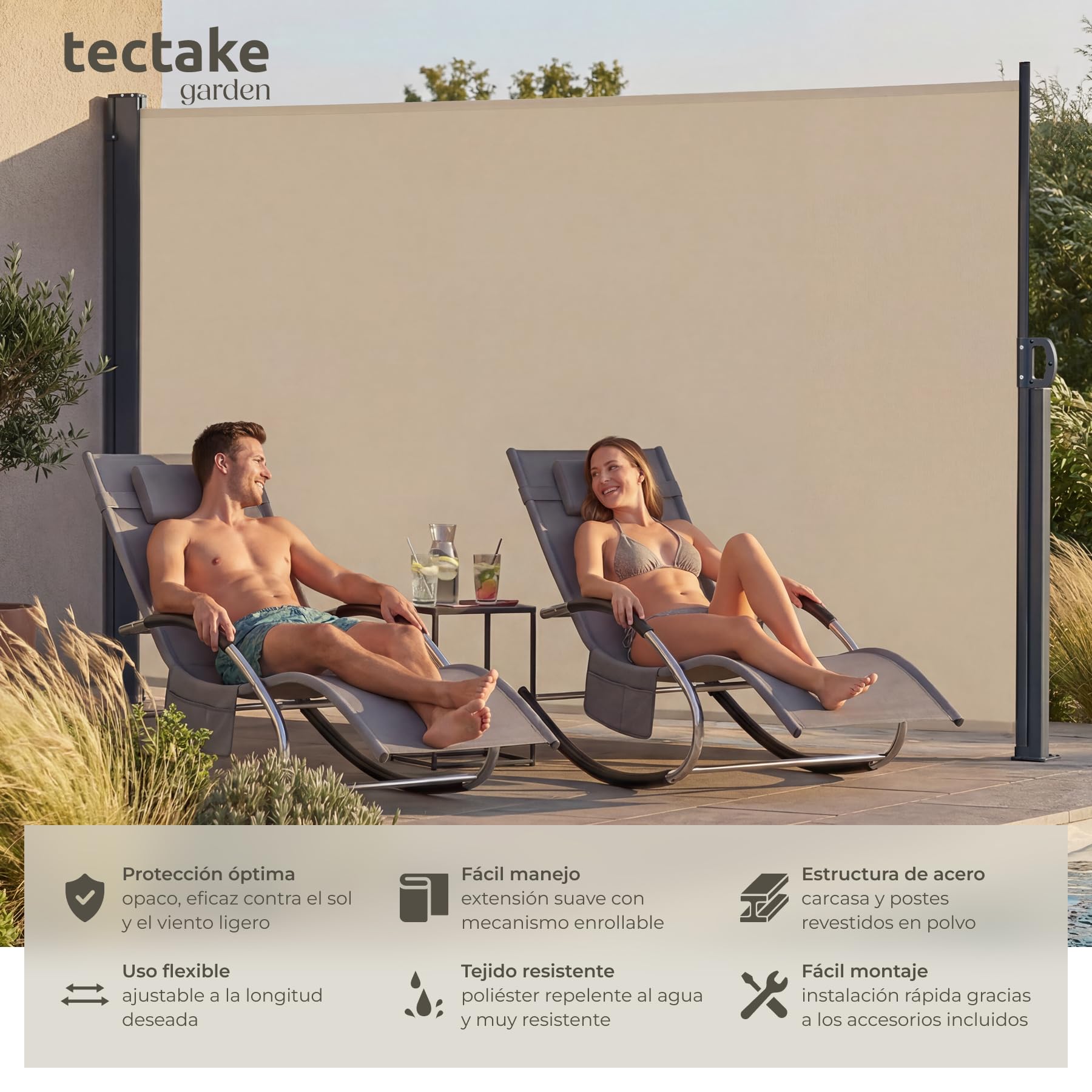 tectake® Toldo Retractil Exterior Lateral, Separador de Ambientes, Toldo Impermeable Enrollable, Toldos Exterior Terraza, Estructura de Acero, Mecanismo Automático - 200 x 300 cm Beige