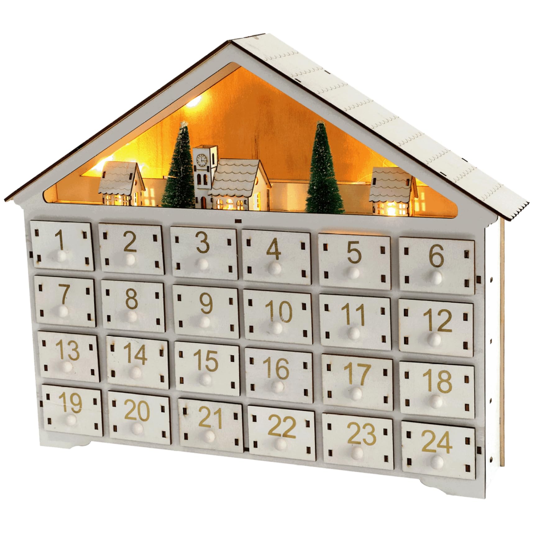 Llena tu propio calendario de adviento, calendario de adviento de madera con 24 cajones y luces LED reutilizables vacías para llenarte para decoraciones navideñas sin batería, adornos de Navidad
