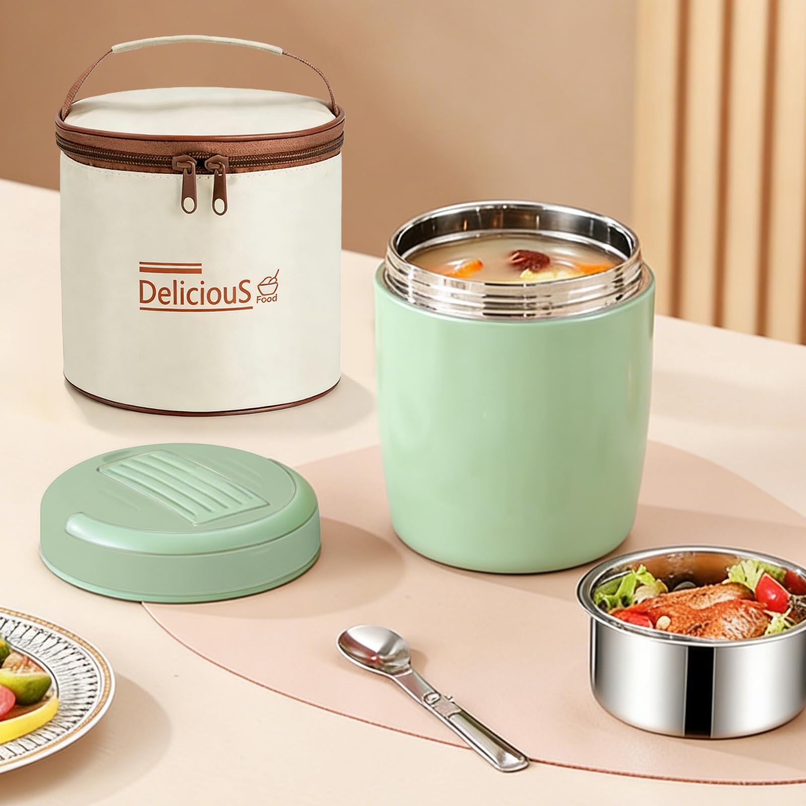 Contenitore termico per alimenti, 1200 ml: contenitore termico a doppia parete, in acciaio inox, a prova di perdite, con coperchio, termico, per ufficio, scuola, attività all'aperto (verde