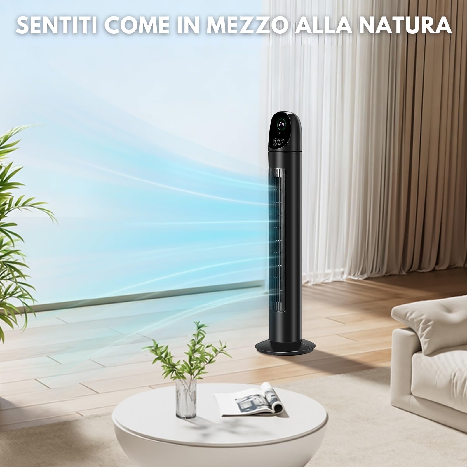 LEADZM Ventilatore a Torre 86cm 34 Pollici 50W, Oscillazione 80°, Timer 9 Ore, 25dB Silenzioso, 3 Velocità e Modalità, Con Telecomando, Ventilatore a Colonna per Casa e Ufficio (Nero 1)