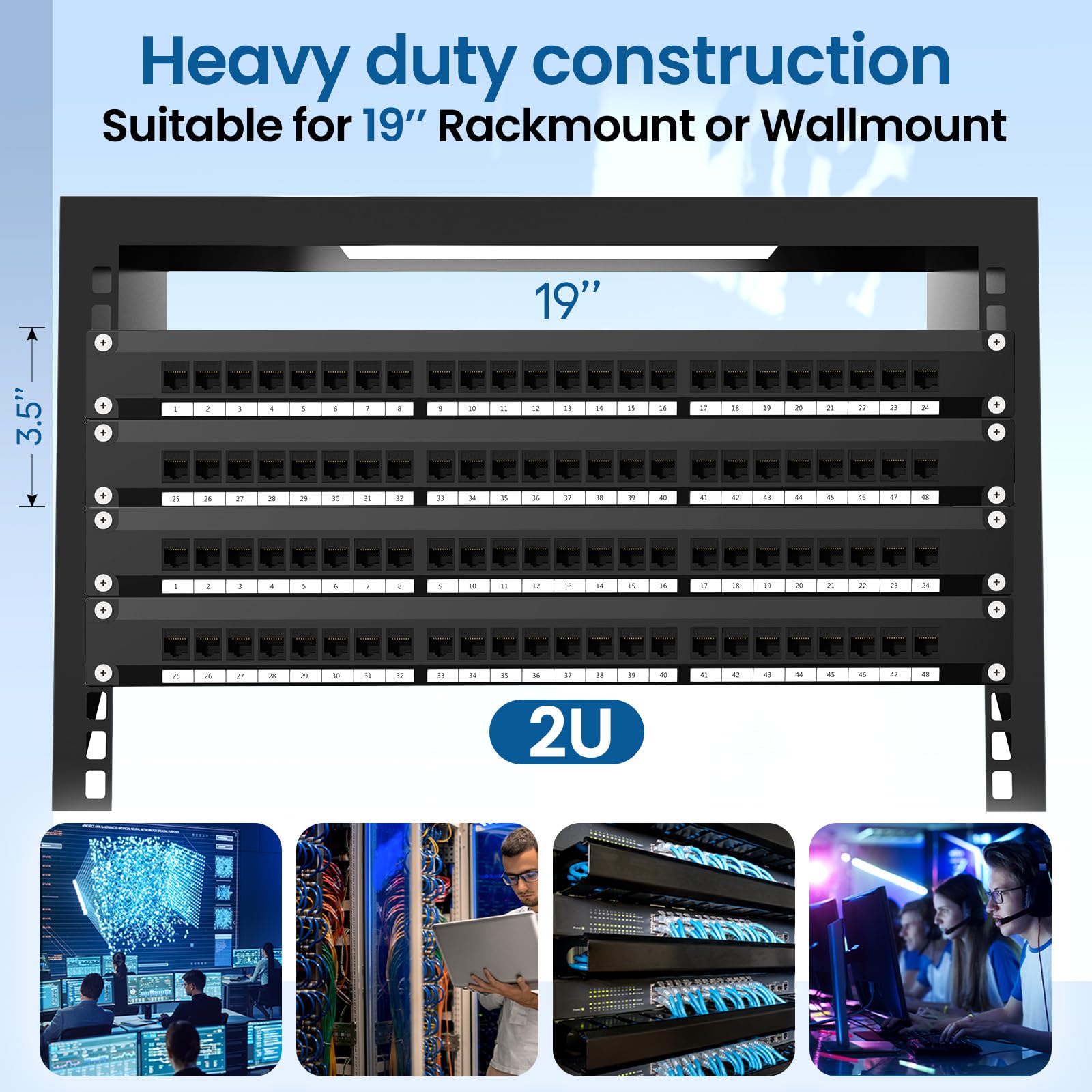 CableGeeker Patch Panel a 48 porte, pannello patch Cat6 con supporto Keystone in linea RJ45 pass-thru 10G, pannello patch di rete 1U UTP da 48 pollici con barra posteriore rimovibile, compatibile con