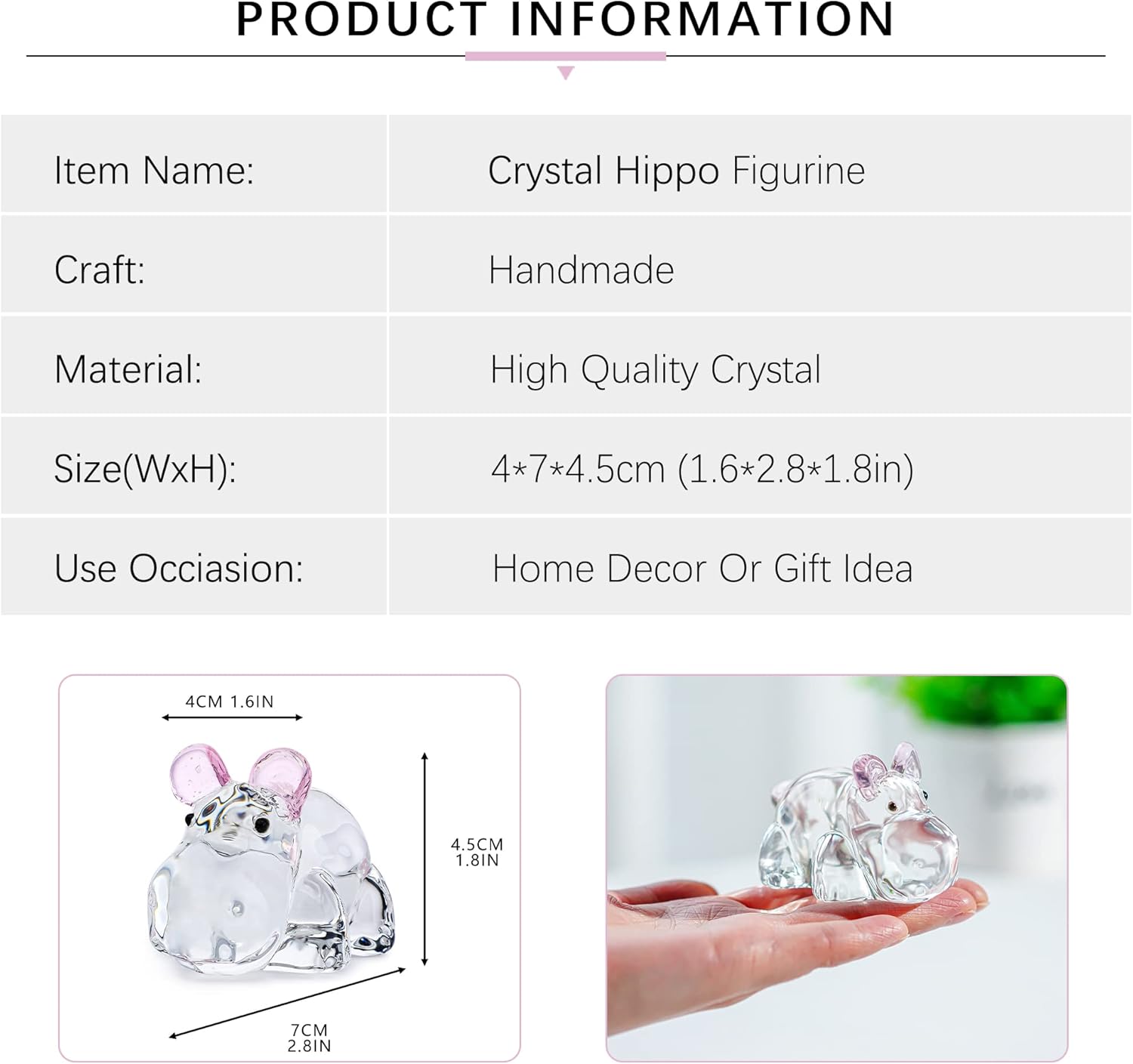 HDCRYSTALGIFTS 2.8inch Crystal Hippo Figurines Collectibles Gift for Women Art Glass Hippopotamus Statue Animal Paperweight Ornament for Table Home Decoration