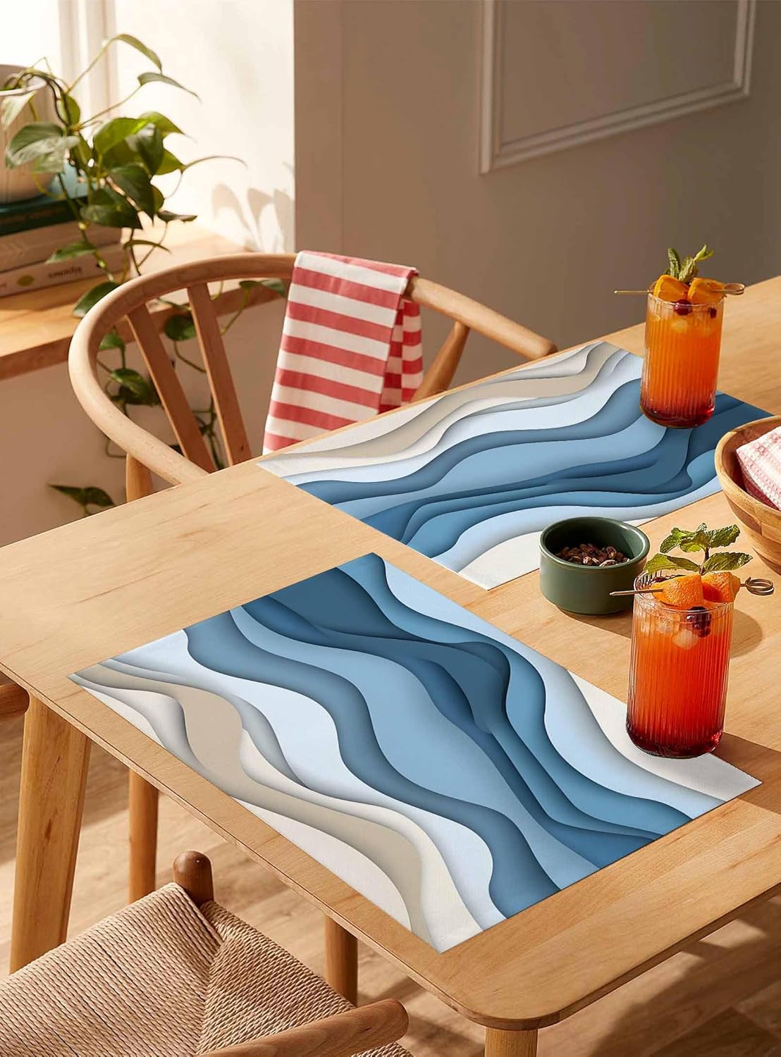 Ombre Blue Ocean Wave Placemats Set of 6 Gradient Color Nautical Coastal Beach 13x19 Inch Washable Non Slip Linen Table Mats, Rustic Summer Placemats for Dining Table Party Kitchen Decor