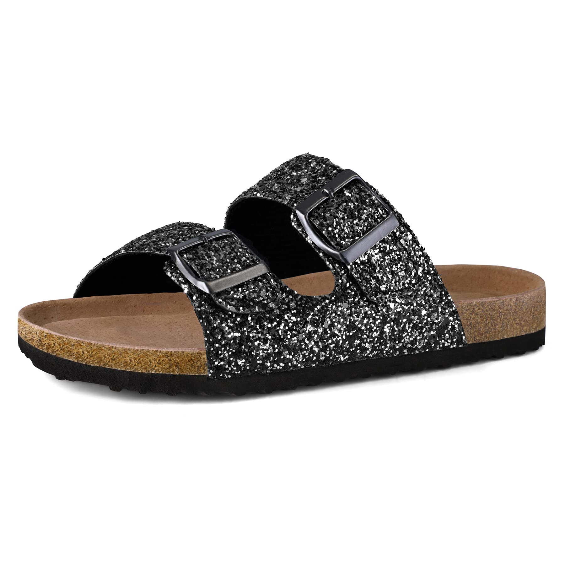 mysoftWomens Slide Sandals, Glitter Sandals with Double Buckle, Cork Bottom  Sandals Adjustable Footbed Slip-on Sandals