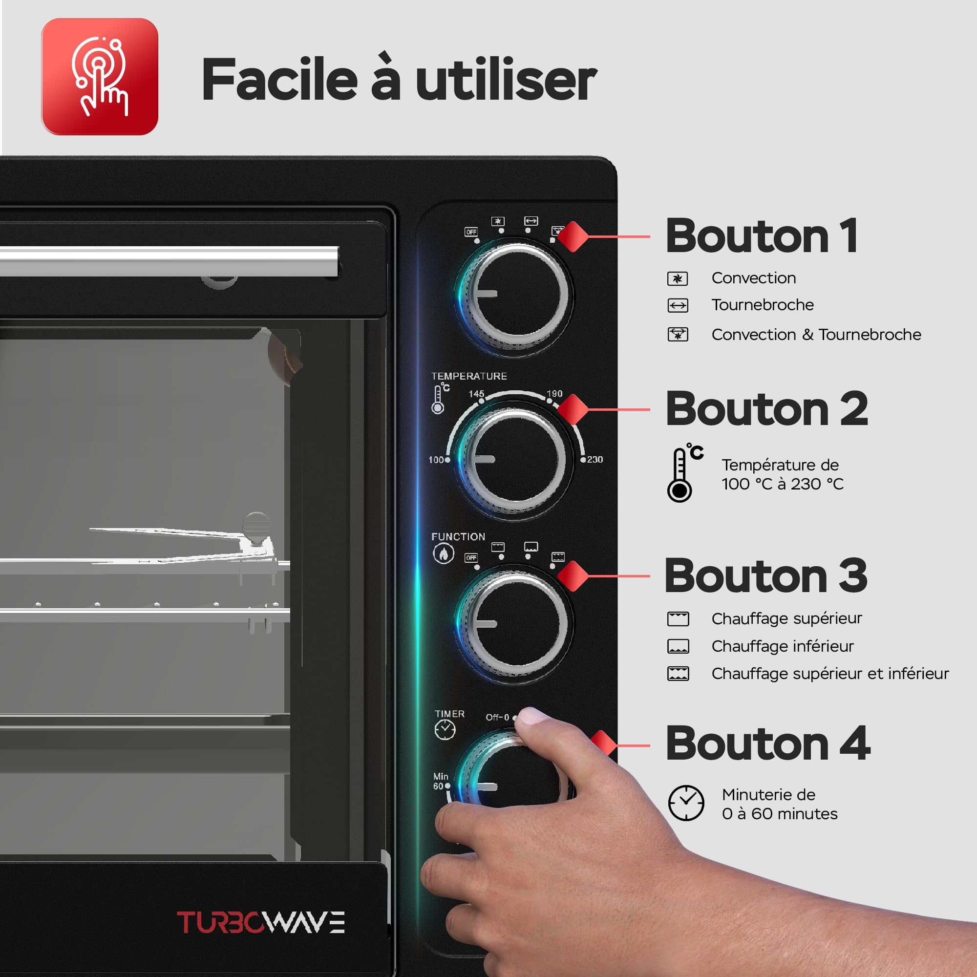 TurboTronic Mini Four à Convection avec Rôtissoire, 35L, 1600W – Four Compact Multifonctions Idéal pour Pizza, Camping et Cuisine Maison, Inclus 2 Plaques de Cuisson
