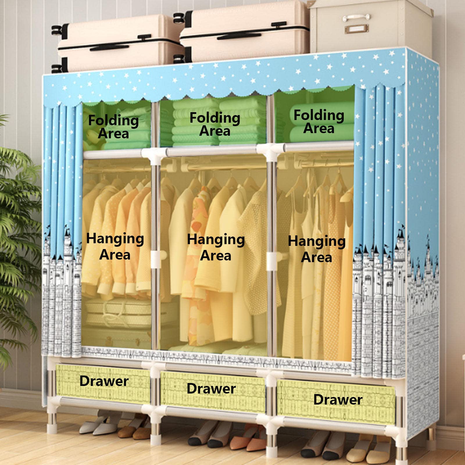 Armario de lona – Armario de ropa portátil con riel para colgar, 3 cajones, cubierta de tela, organizador de almacenamiento de dormitorio plegable para una fácil instalación y ahorro de espacio