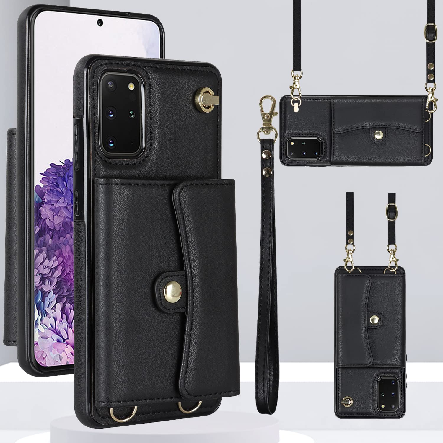 Asuwish Phone Case for Samsung Galaxy S20 Plus S20+ 5G Wallet Cover with RFID Blocking Credit Card Holder Wrist Crossbody Strap Cell Accessories S20+5G S20plus 20S + S2O S 20 20+ G5 Women Men Black
