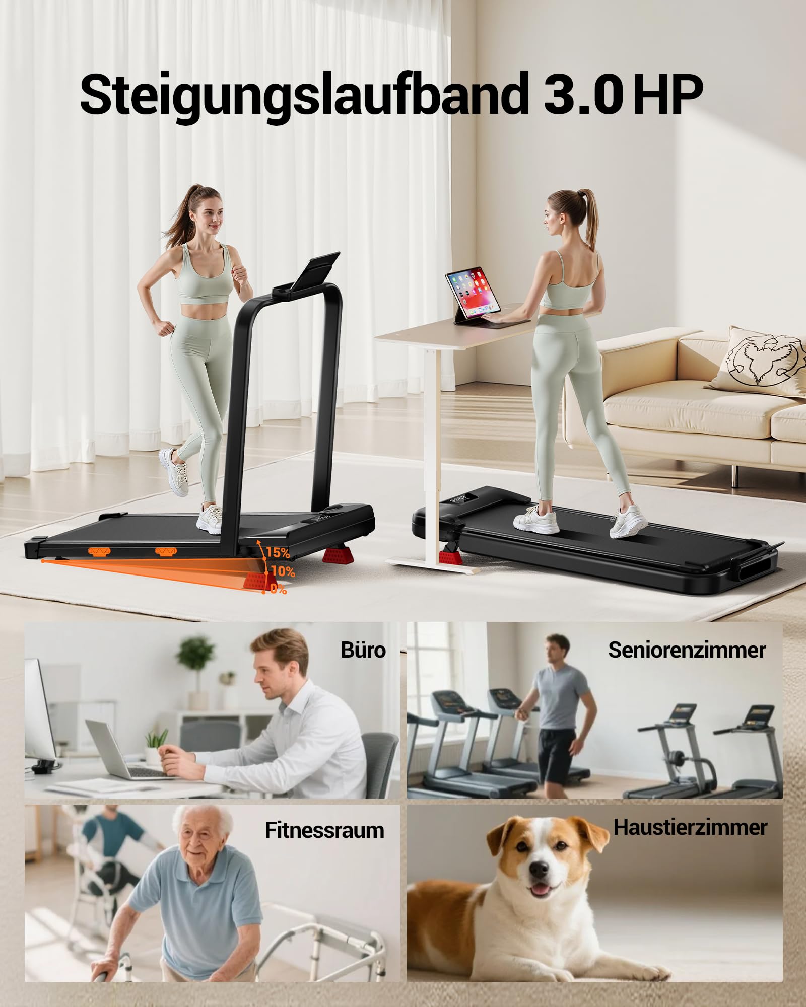 LONTEK Laufband für Zuhause klappbar, 3.0HP Laufband mit Steigung für Zuhause 15%, kompaktes Walking Pad mit Steigung max. Belastung 159 kg, Fernbedienung und LED-Anzeige