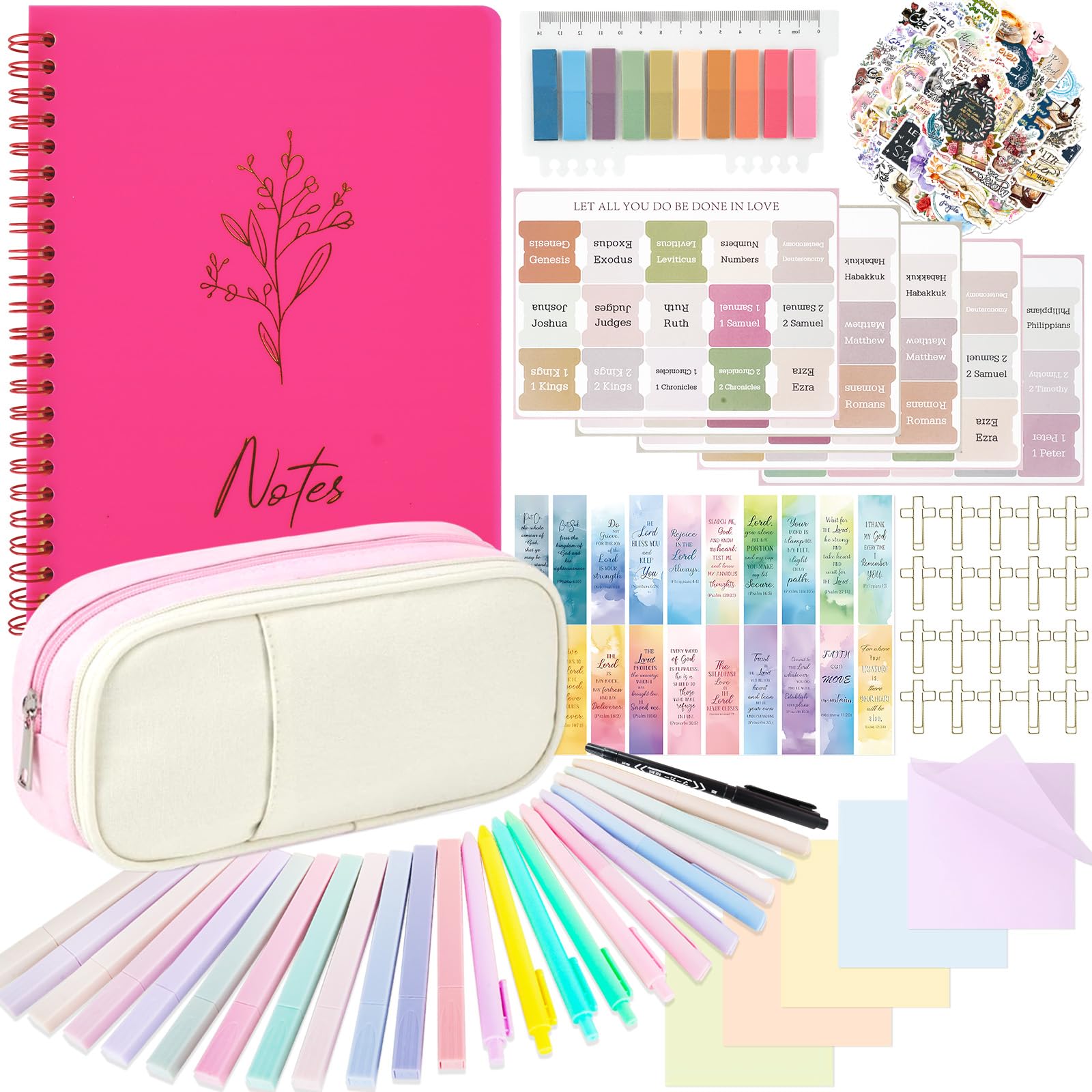 Kooterfun Bibelstudium-Tagebuch-Set, mit Bibel-Textmarkern und Stiften, kein Verlaufen, Notizbuch-Tabs und Stiftetui, Bibeljournaling-Set, Bibelstudium-Werkzeuge, Tagebuch-Set für Frauen,